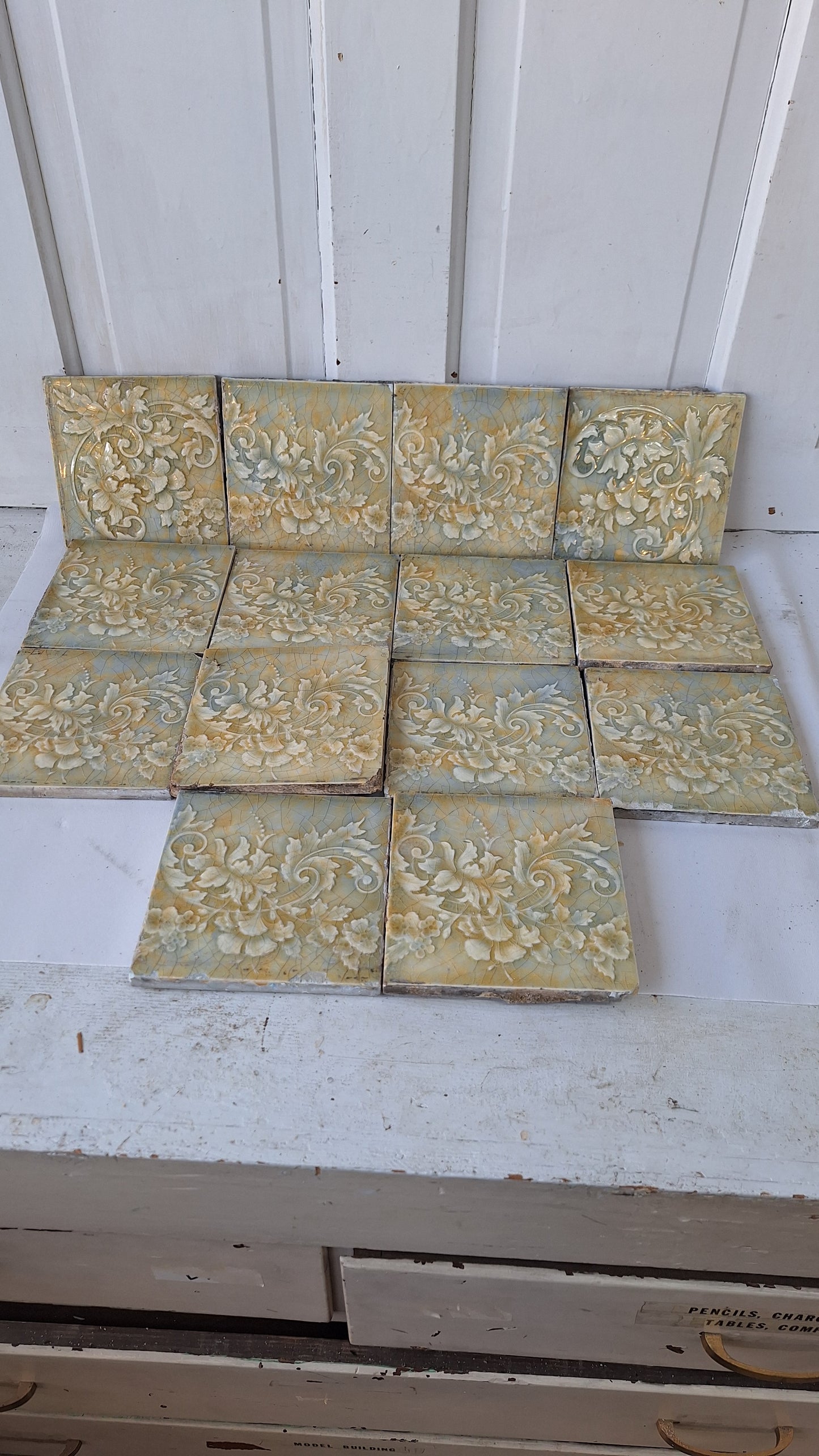 Cream Yellow and Blue Victorian Tile Fireplace Set, Mottle Glaze Hearth Tile, Antique Floor Tile, Antique Salvaged Trent Tile 112002