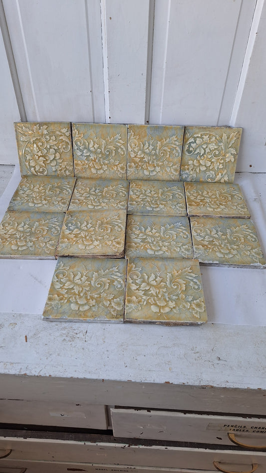 Cream Yellow and Blue Victorian Tile Fireplace Set, Mottle Glaze Hearth Tile, Antique Floor Tile, Antique Salvaged Trent Tile 112002