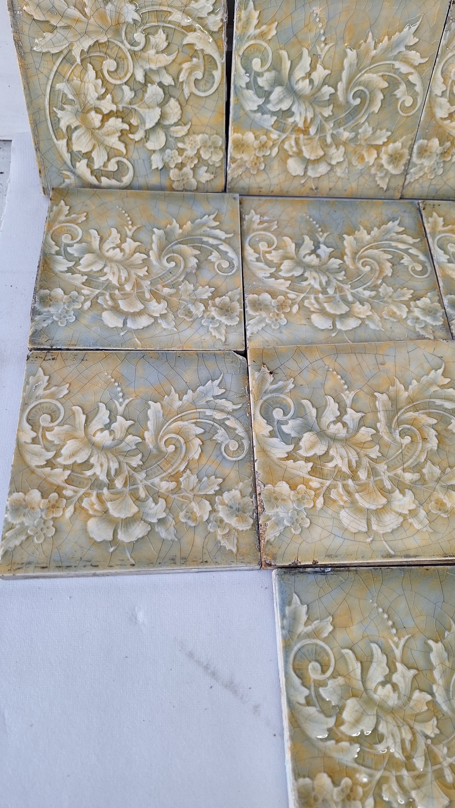 Cream Yellow and Blue Victorian Tile Fireplace Set, Mottle Glaze Hearth Tile, Antique Floor Tile, Antique Salvaged Trent Tile 112002