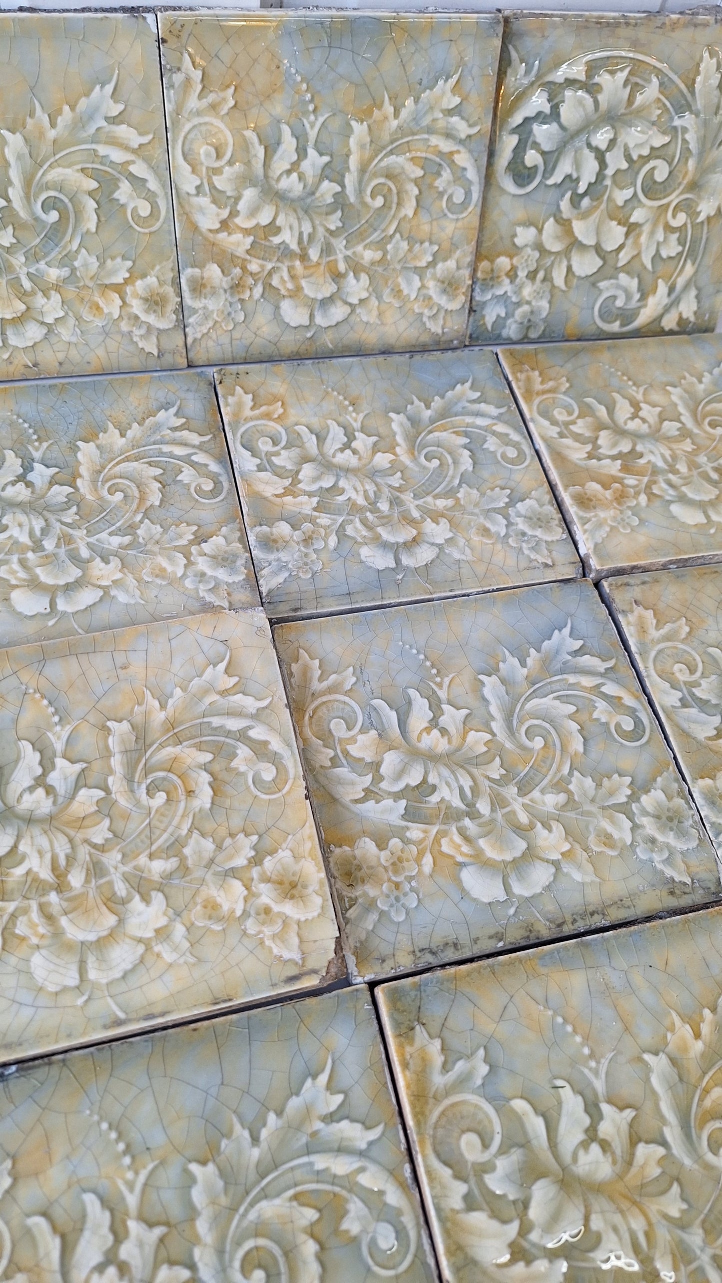 Cream Yellow and Blue Victorian Tile Fireplace Set, Mottle Glaze Hearth Tile, Antique Floor Tile, Antique Salvaged Trent Tile 112002