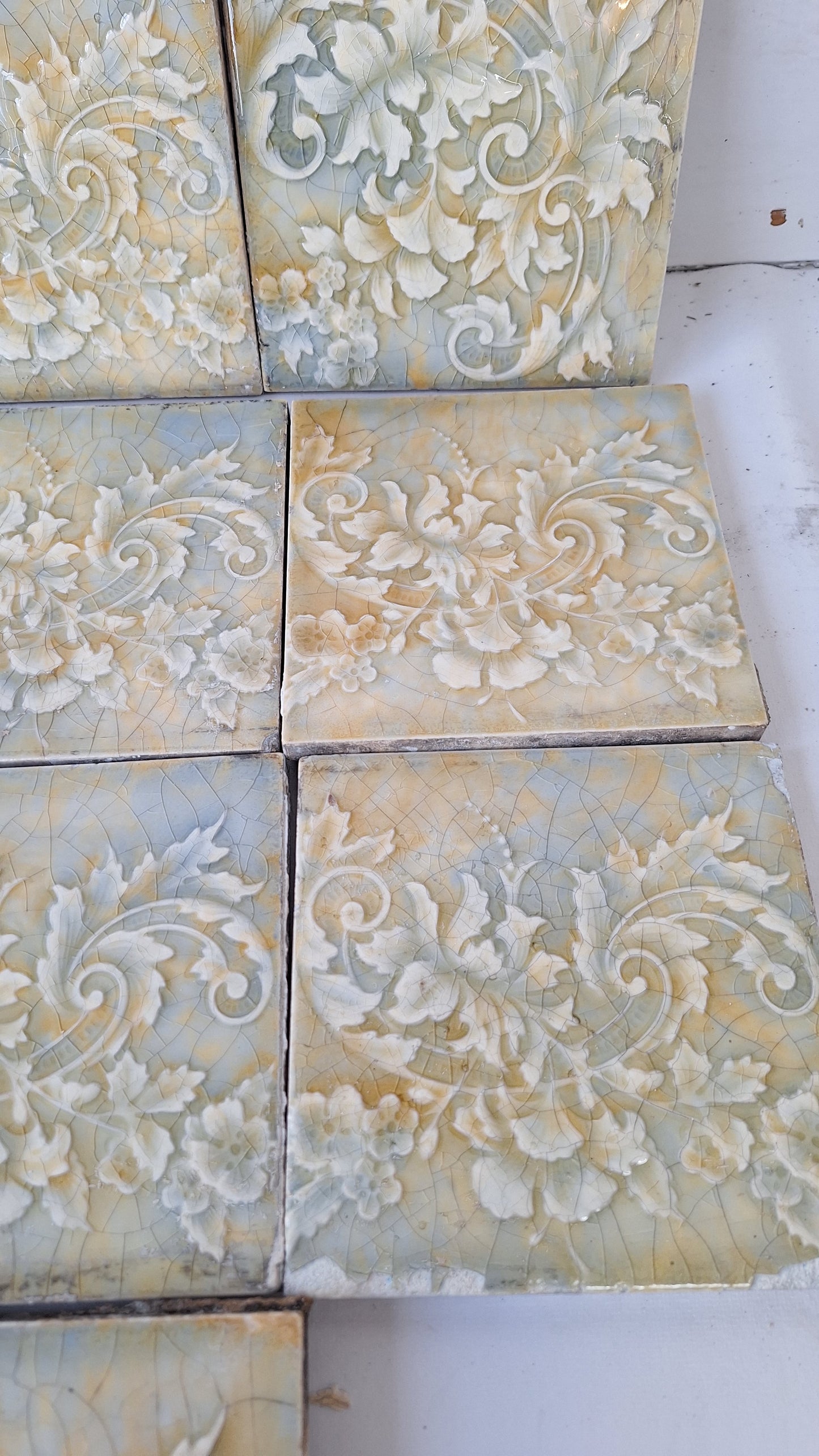 Cream Yellow and Blue Victorian Tile Fireplace Set, Mottle Glaze Hearth Tile, Antique Floor Tile, Antique Salvaged Trent Tile 112002