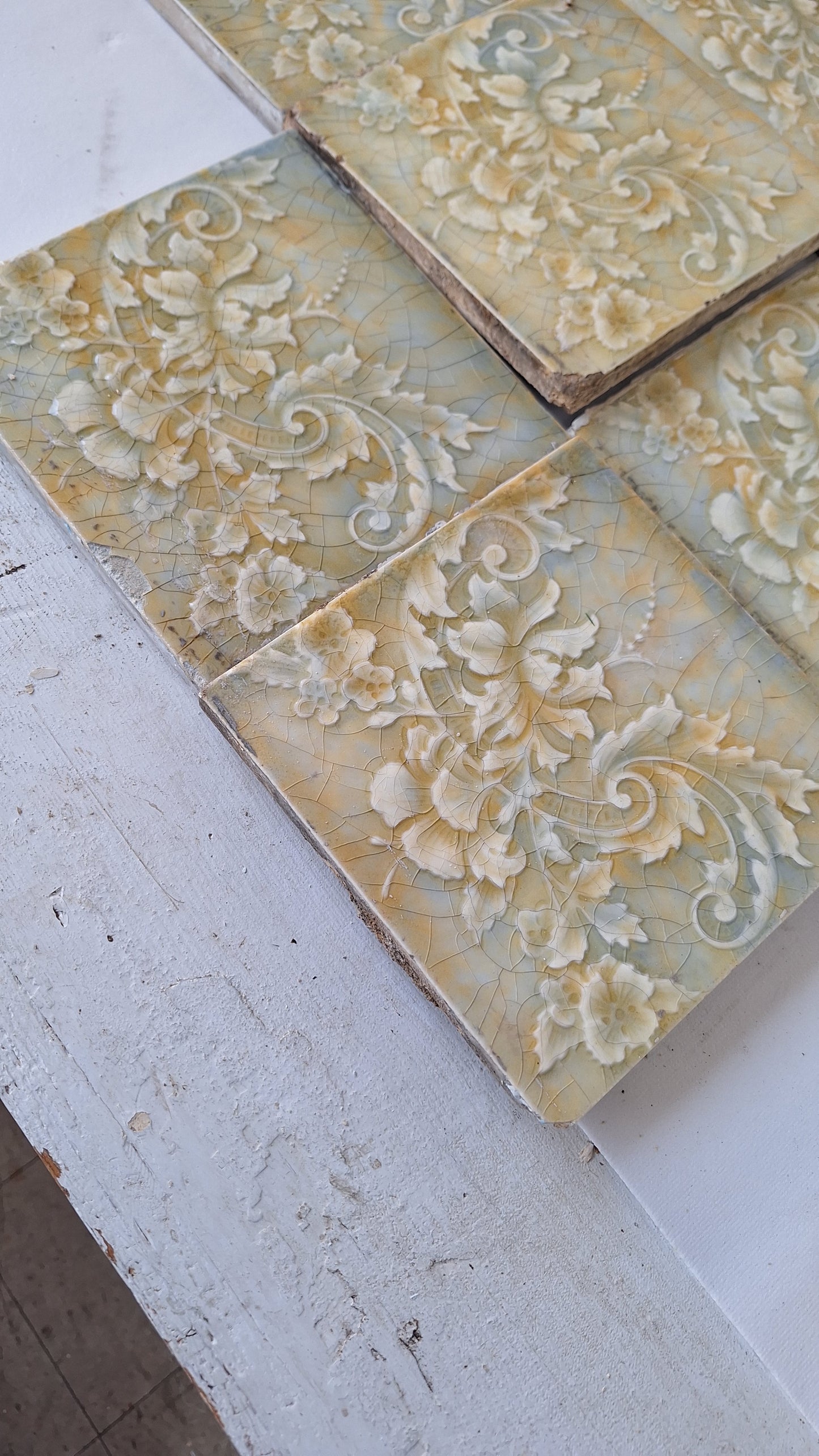 Cream Yellow and Blue Victorian Tile Fireplace Set, Mottle Glaze Hearth Tile, Antique Floor Tile, Antique Salvaged Trent Tile 112002