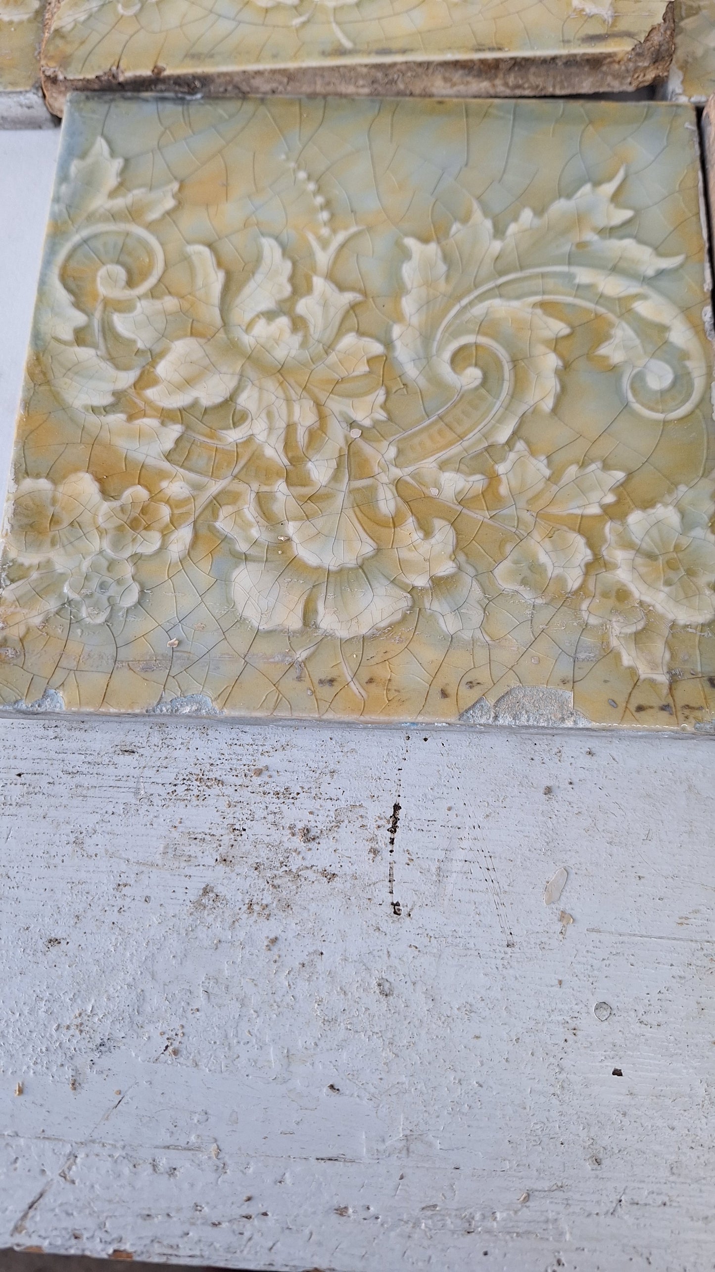 Cream Yellow and Blue Victorian Tile Fireplace Set, Mottle Glaze Hearth Tile, Antique Floor Tile, Antique Salvaged Trent Tile 112002