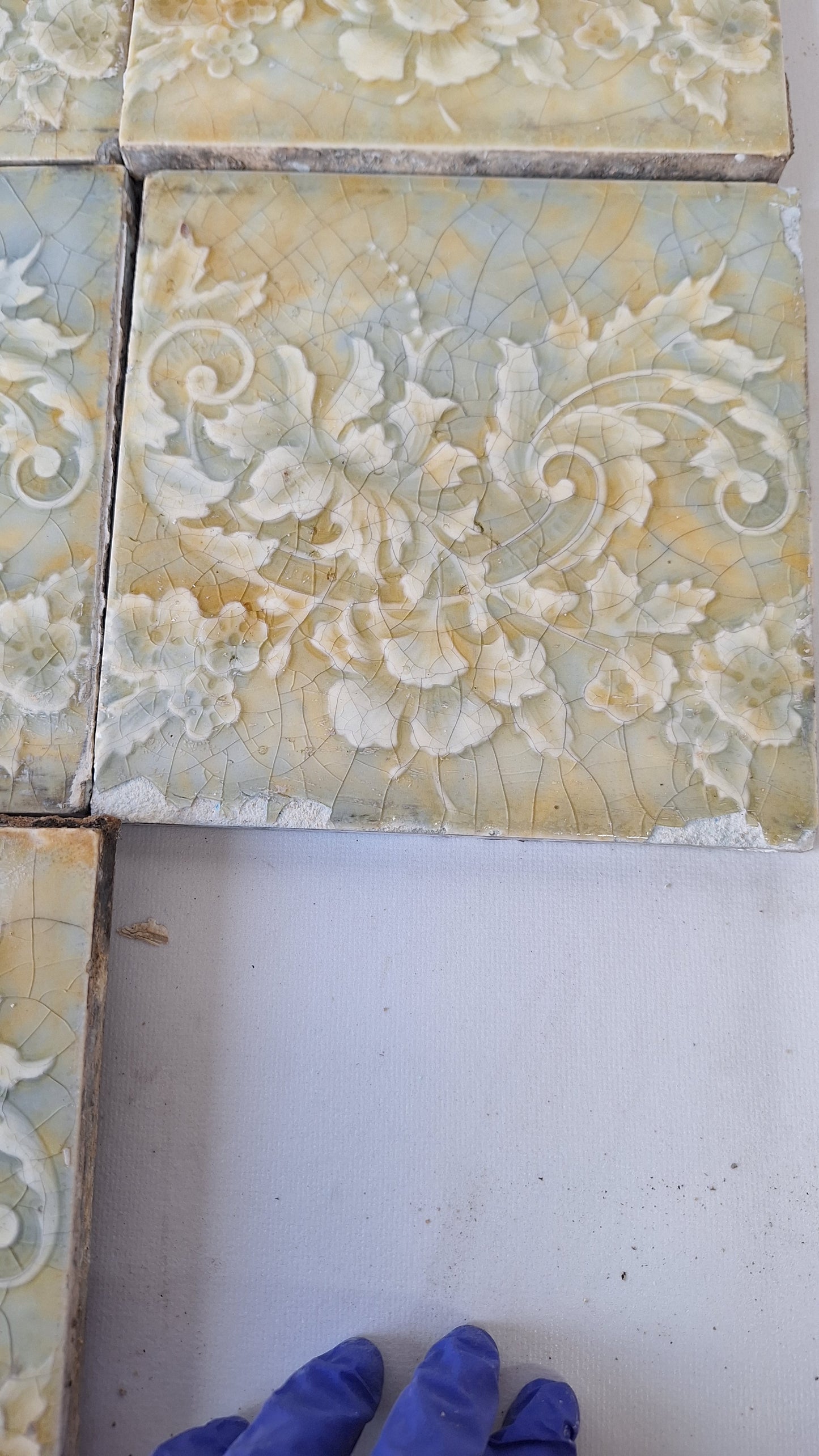 Cream Yellow and Blue Victorian Tile Fireplace Set, Mottle Glaze Hearth Tile, Antique Floor Tile, Antique Salvaged Trent Tile 112002