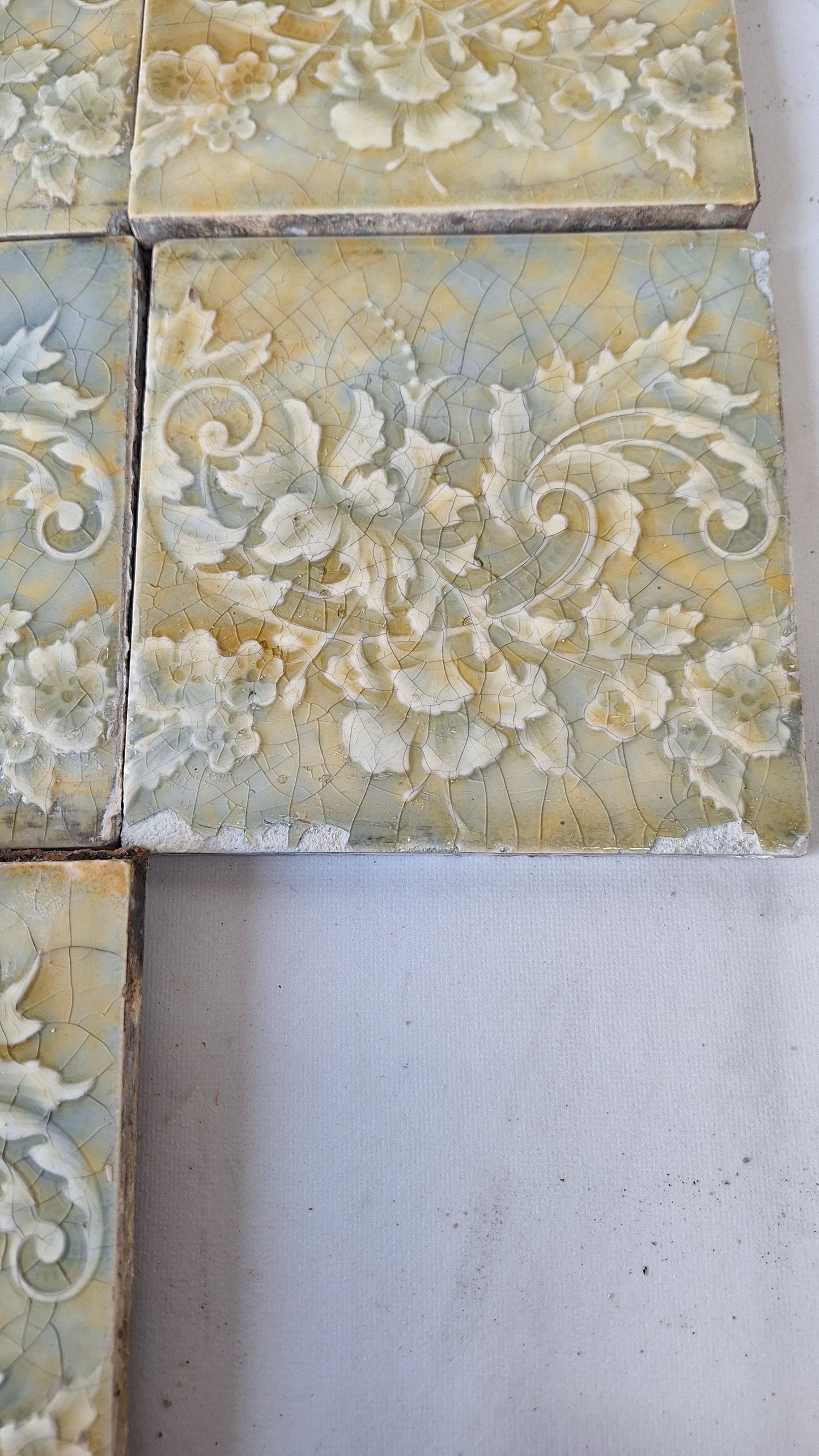 Cream Yellow and Blue Victorian Tile Fireplace Set, Mottle Glaze Hearth Tile, Antique Floor Tile, Antique Salvaged Trent Tile 112002