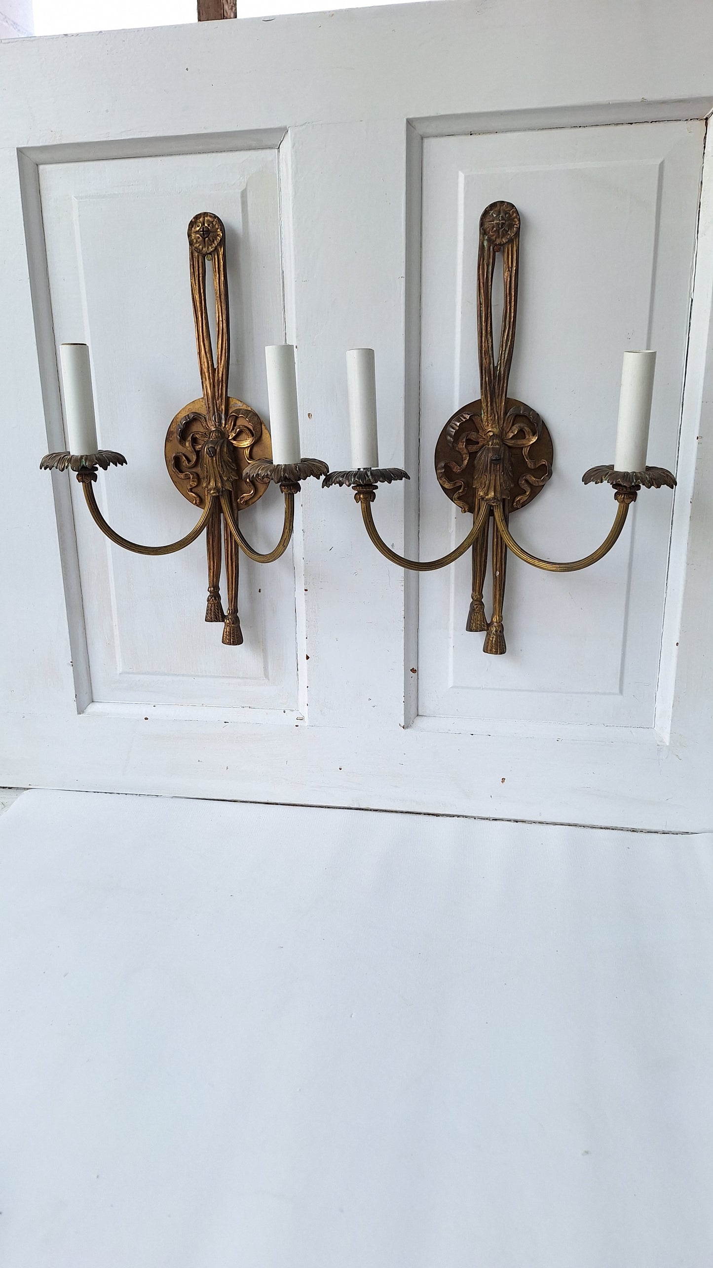 Pair of Vintage Brass Mid Century Sconces, Two Antique Wall Sconce Lights with Candle Sockets 112103