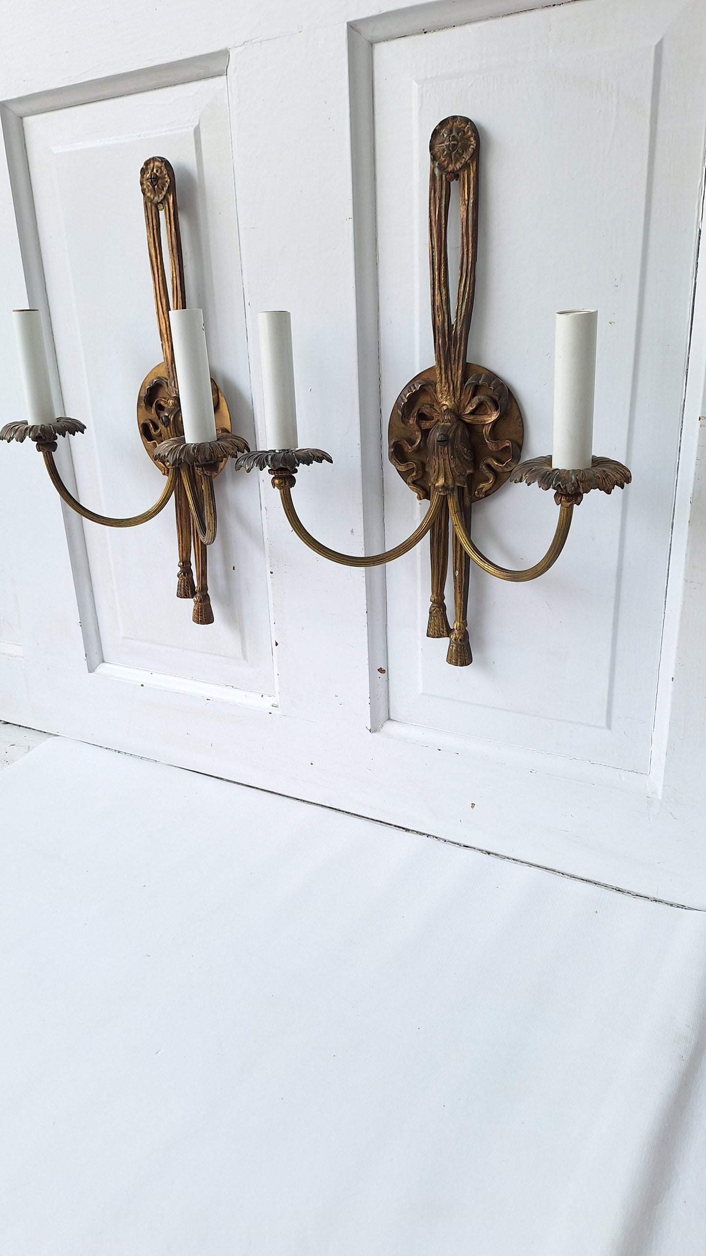 Pair of Vintage Brass Mid Century Sconces, Two Antique Wall Sconce Lights with Candle Sockets 112103