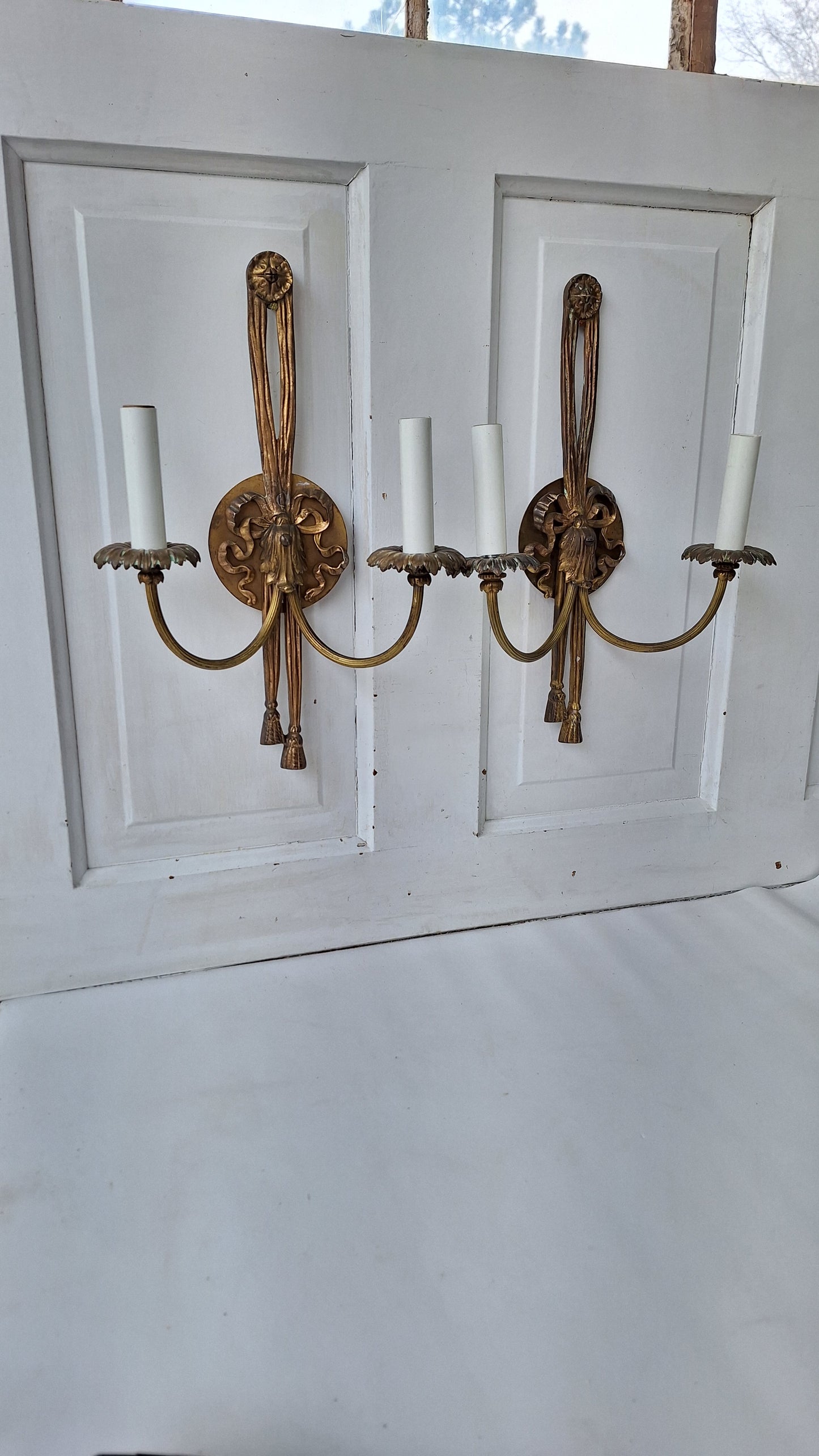 Pair of Vintage Brass Mid Century Sconces, Two Antique Wall Sconce Lights with Candle Sockets 112103