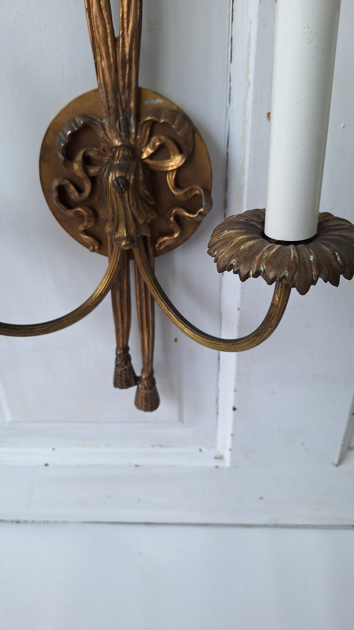 Pair of Vintage Brass Mid Century Sconces, Two Antique Wall Sconce Lights with Candle Sockets 112103