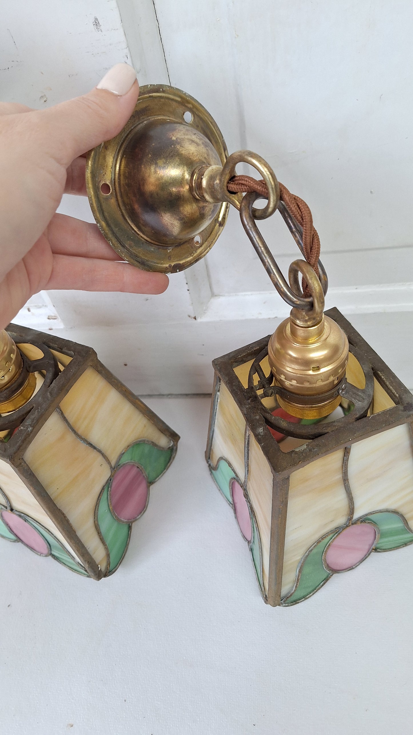 Pair of Stained Glass Antique Pendant Lights, Tulip Design Stained Glass Ceiling Lights,  Green and Pink Glass 112201