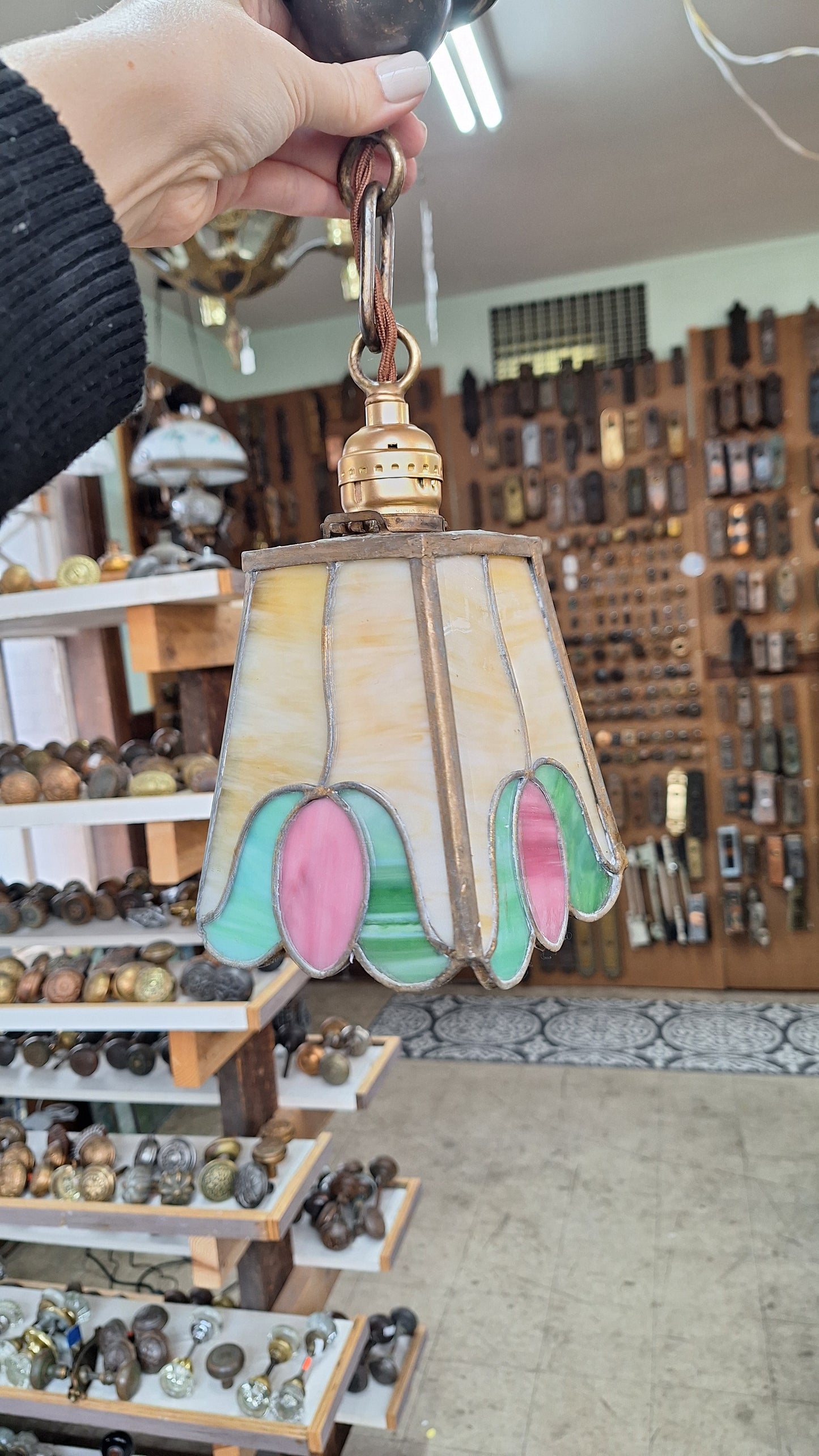 Pair of Stained Glass Antique Pendant Lights, Tulip Design Stained Glass Ceiling Lights,  Green and Pink Glass 112201