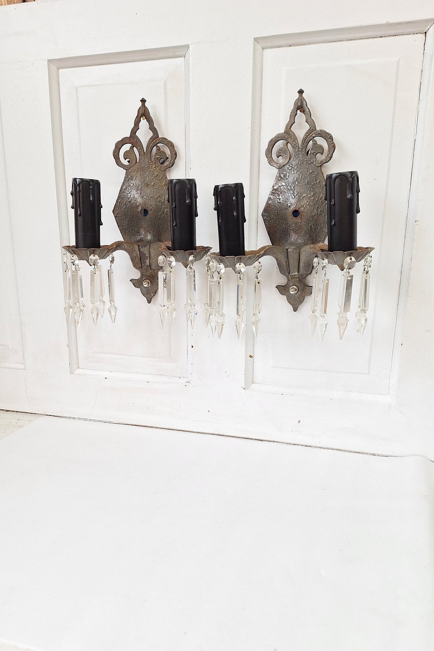 Pair of Gothic Style Cast Iron Sconces with Crystals, Vintage Antique Hammered Texture Wall Sconces, Tudor Style 121001