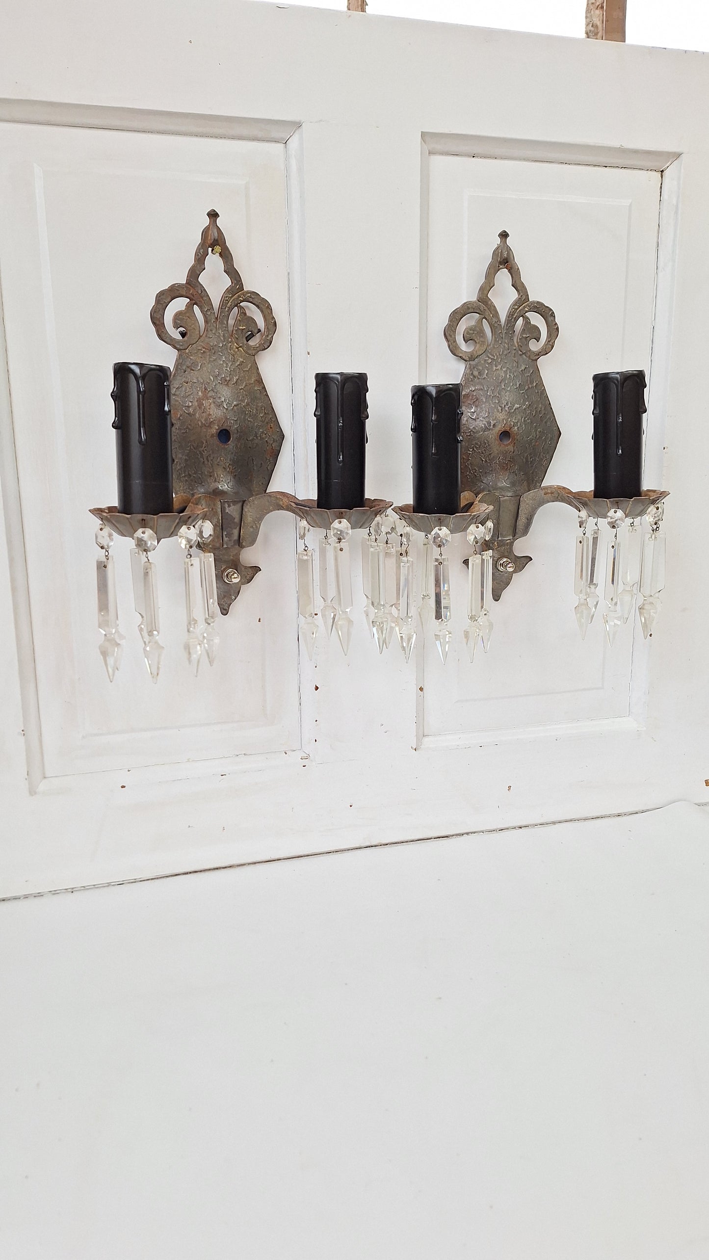 Pair of Gothic Style Cast Iron Sconces with Crystals, Vintage Antique Hammered Texture Wall Sconces, Tudor Style 121001