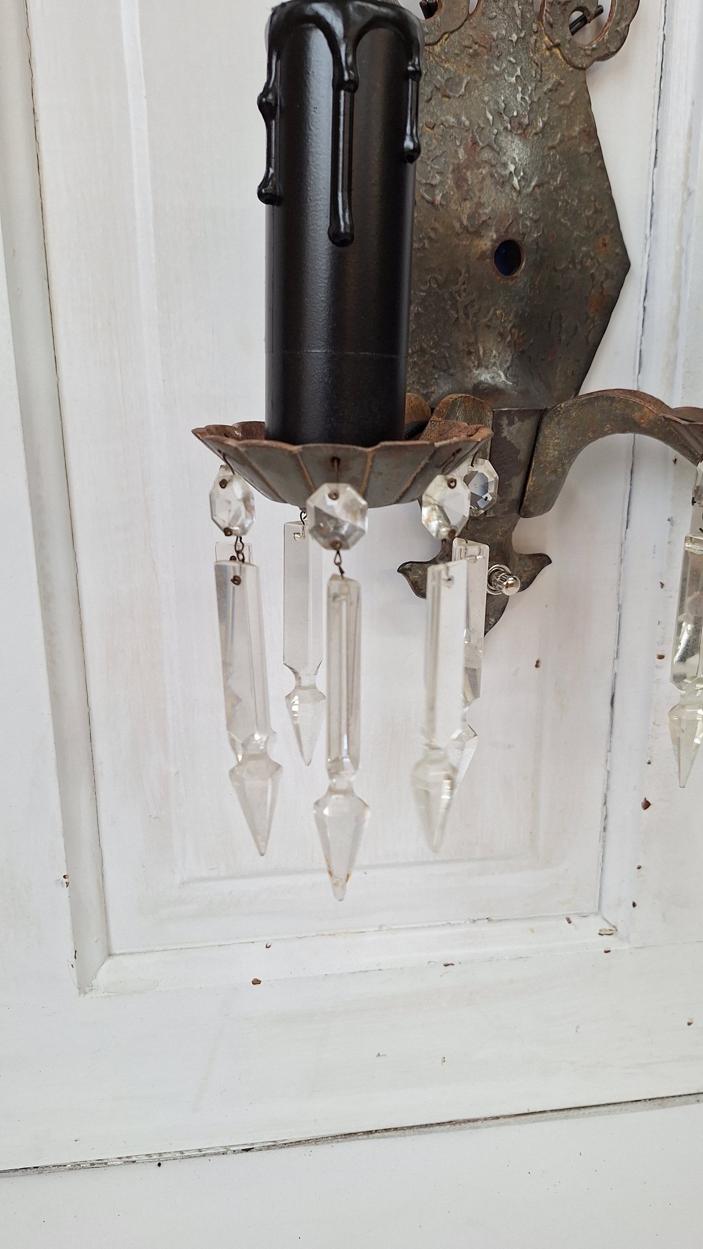 Pair of Gothic Style Cast Iron Sconces with Crystals, Vintage Antique Hammered Texture Wall Sconces, Tudor Style 121001