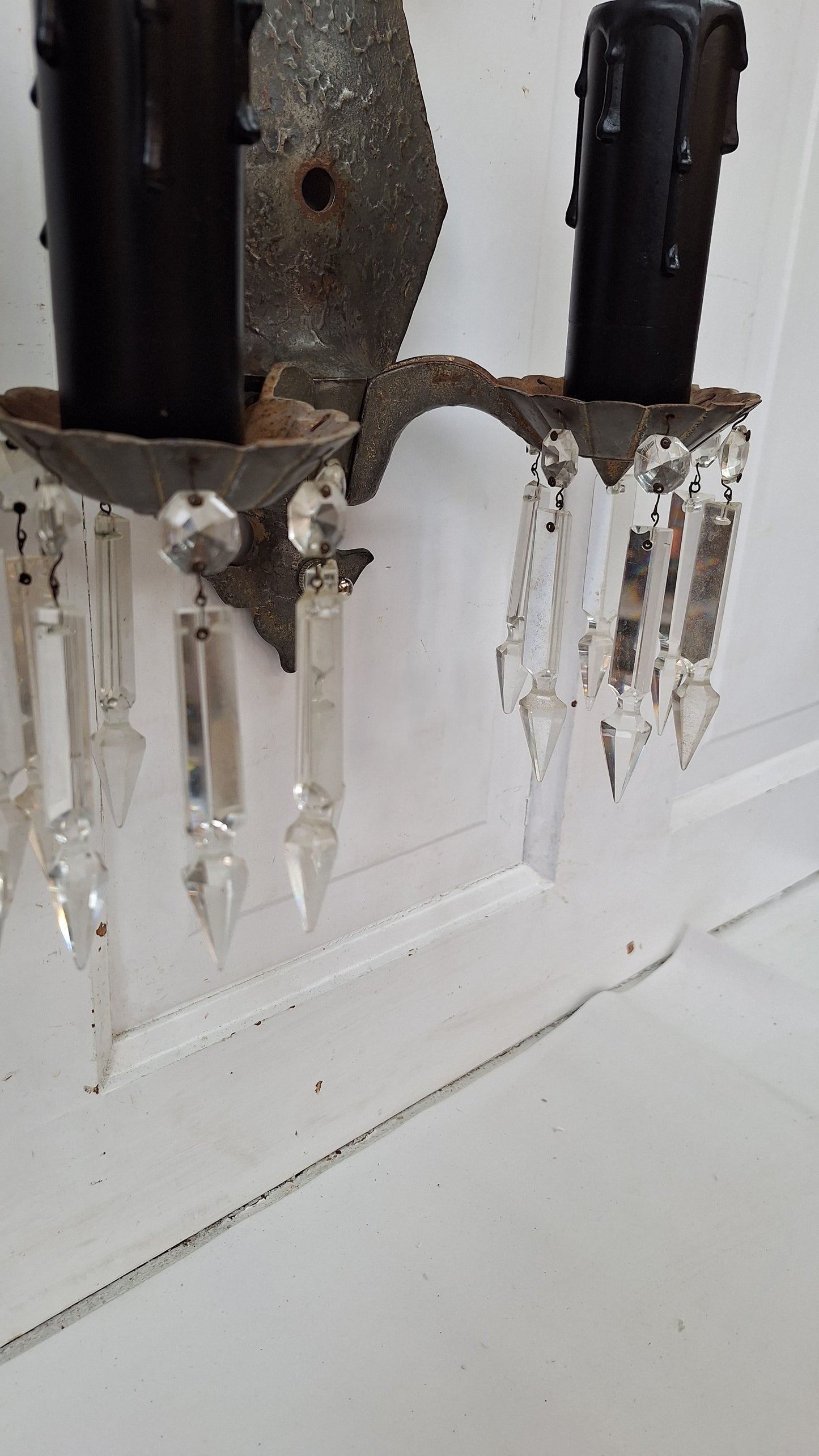 Pair of Gothic Style Cast Iron Sconces with Crystals, Vintage Antique Hammered Texture Wall Sconces, Tudor Style 121001