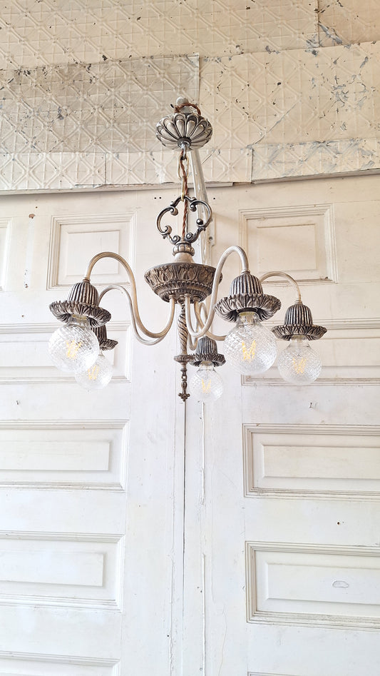 Ornate Silver and Iron Antique Chandelier, Bare Bulb Style Silver Chandelier, Vintage Fancy Chandelier, Architecture Salvage