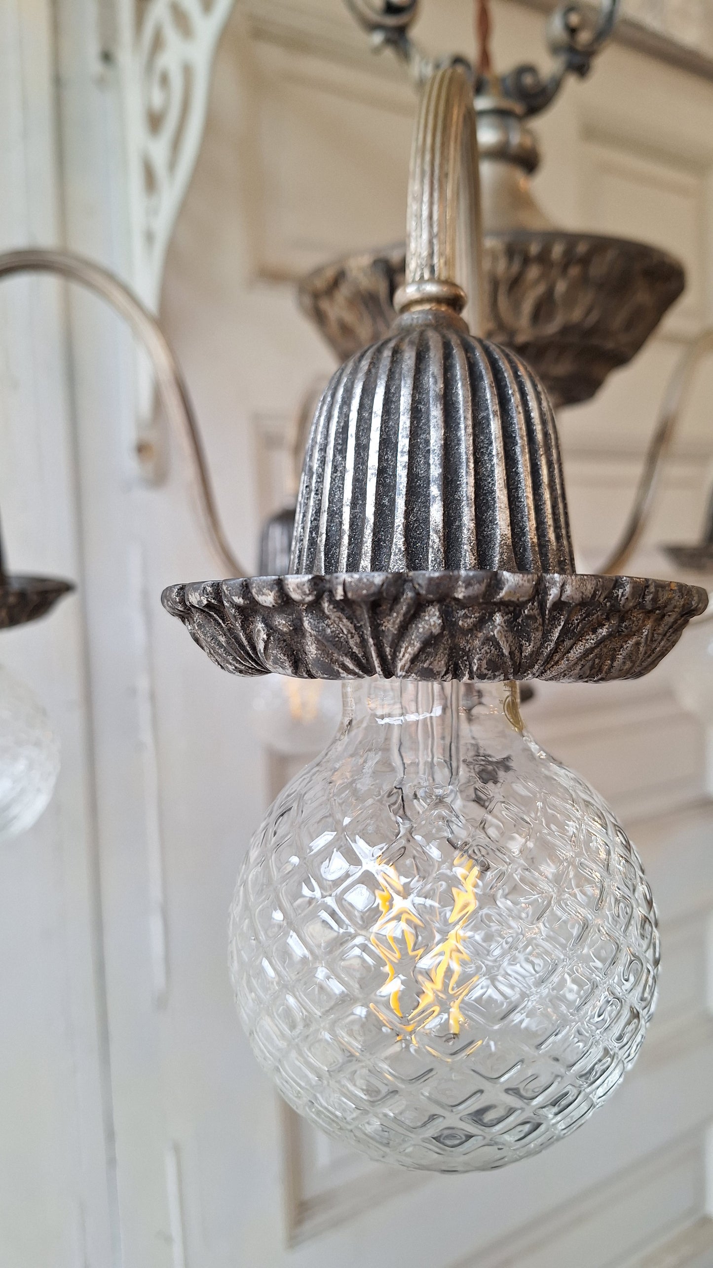 Ornate Silver and Iron Antique Chandelier, Bare Bulb Style Silver Chandelier, Vintage Fancy Chandelier, Architecture Salvage