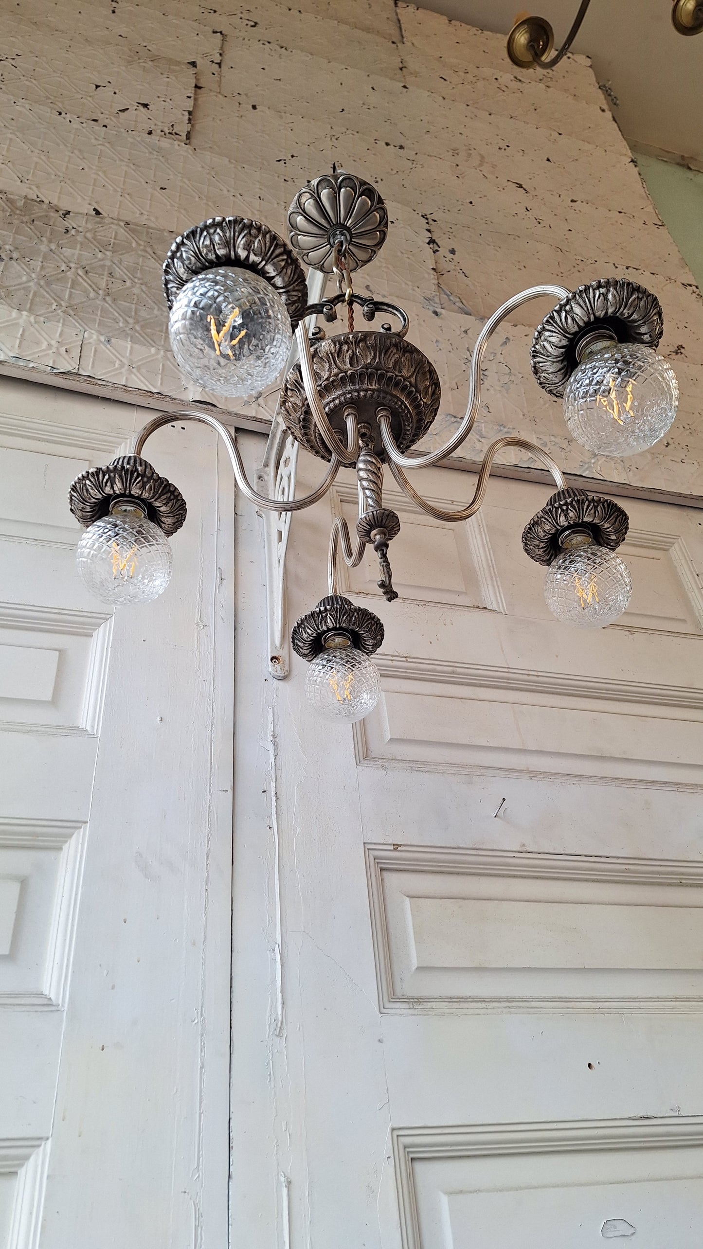 Ornate Silver and Iron Antique Chandelier, Bare Bulb Style Silver Chandelier, Vintage Fancy Chandelier, Architecture Salvage