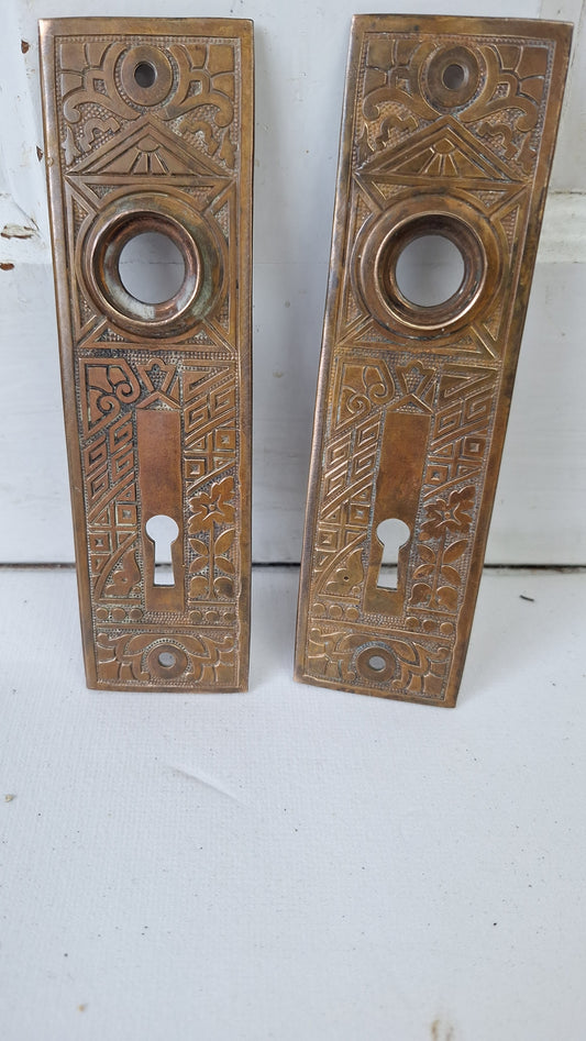 Pair of Cast Iron Ceylon Pattern Doorknob Backplates, Antique Eastlake Iron Escutcheons 123101