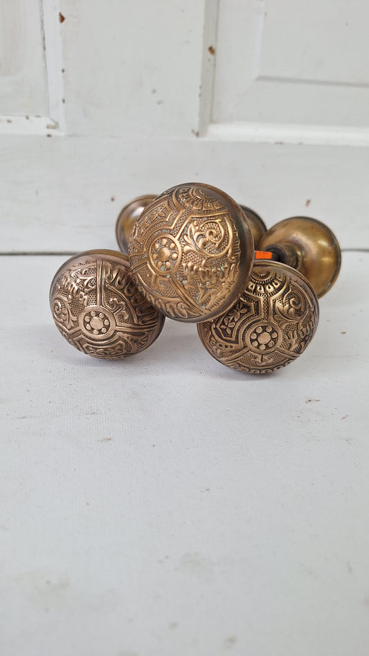 Corbin Ceylon Pattern Doorknobs, Pair of Eastlake Brass Door Knobs
