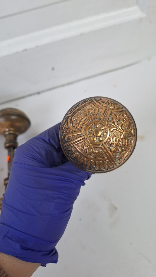 Corbin Ceylon Pattern Doorknobs, Pair of Eastlake Brass Door Knobs