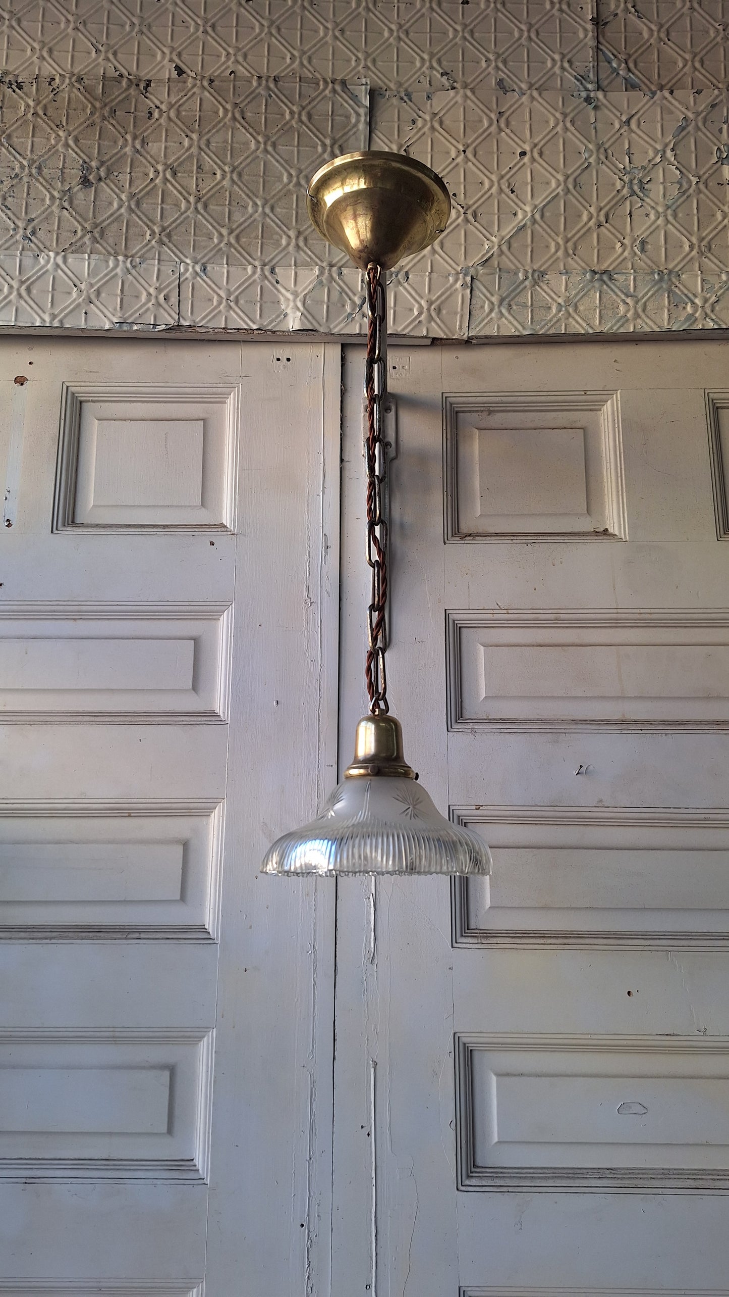 Cut Glass Antique Tulip Shade Pendant Light, Hanging Vintage Light with Chain and White Glass Shade with Fluted Edges