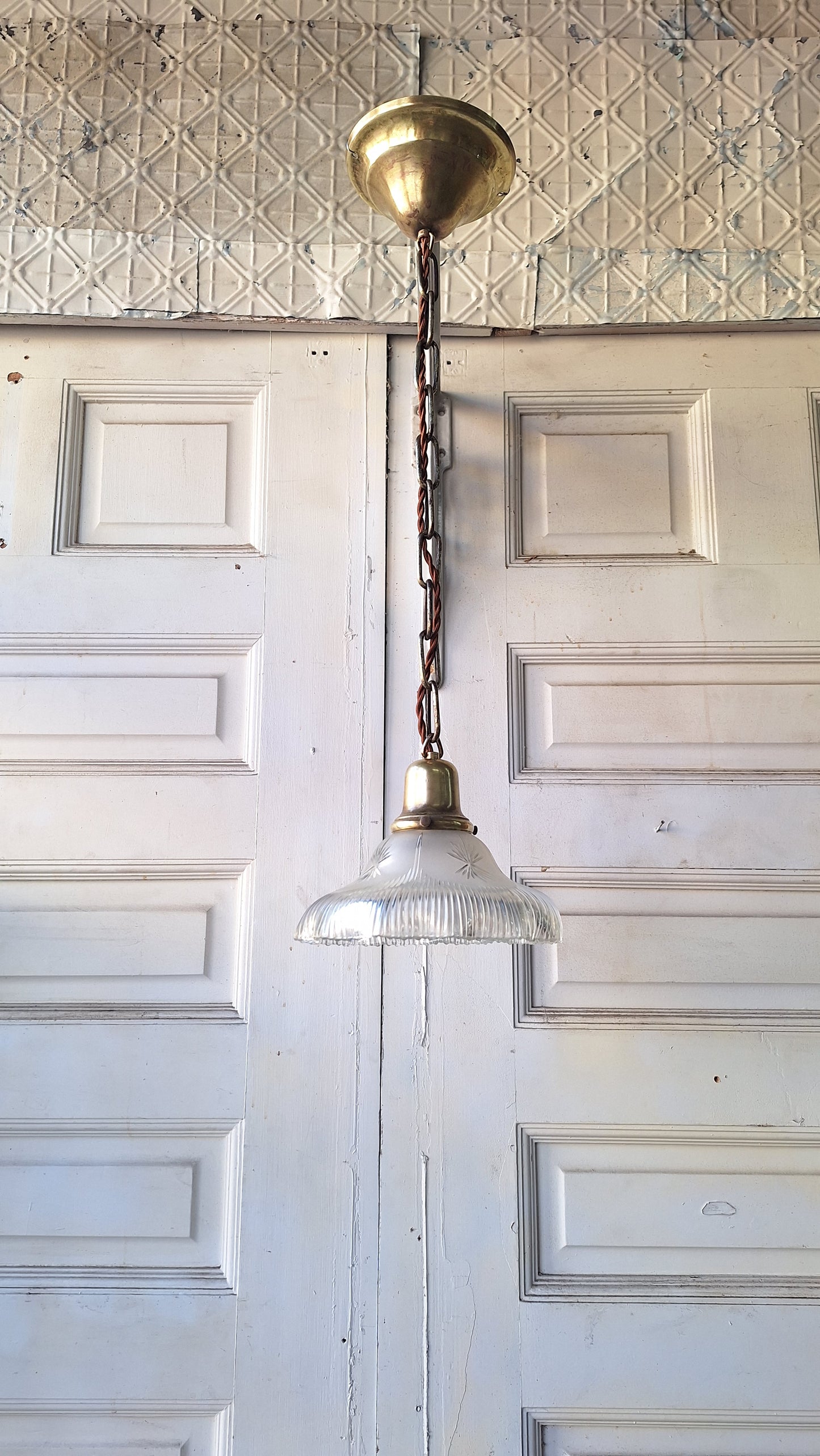 Cut Glass Antique Tulip Shade Pendant Light, Hanging Vintage Light with Chain and White Glass Shade with Fluted Edges