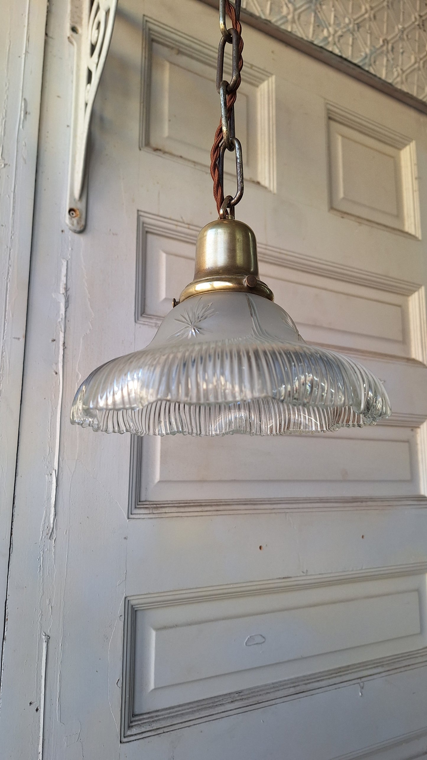 Cut Glass Antique Tulip Shade Pendant Light, Hanging Vintage Light with Chain and White Glass Shade with Fluted Edges