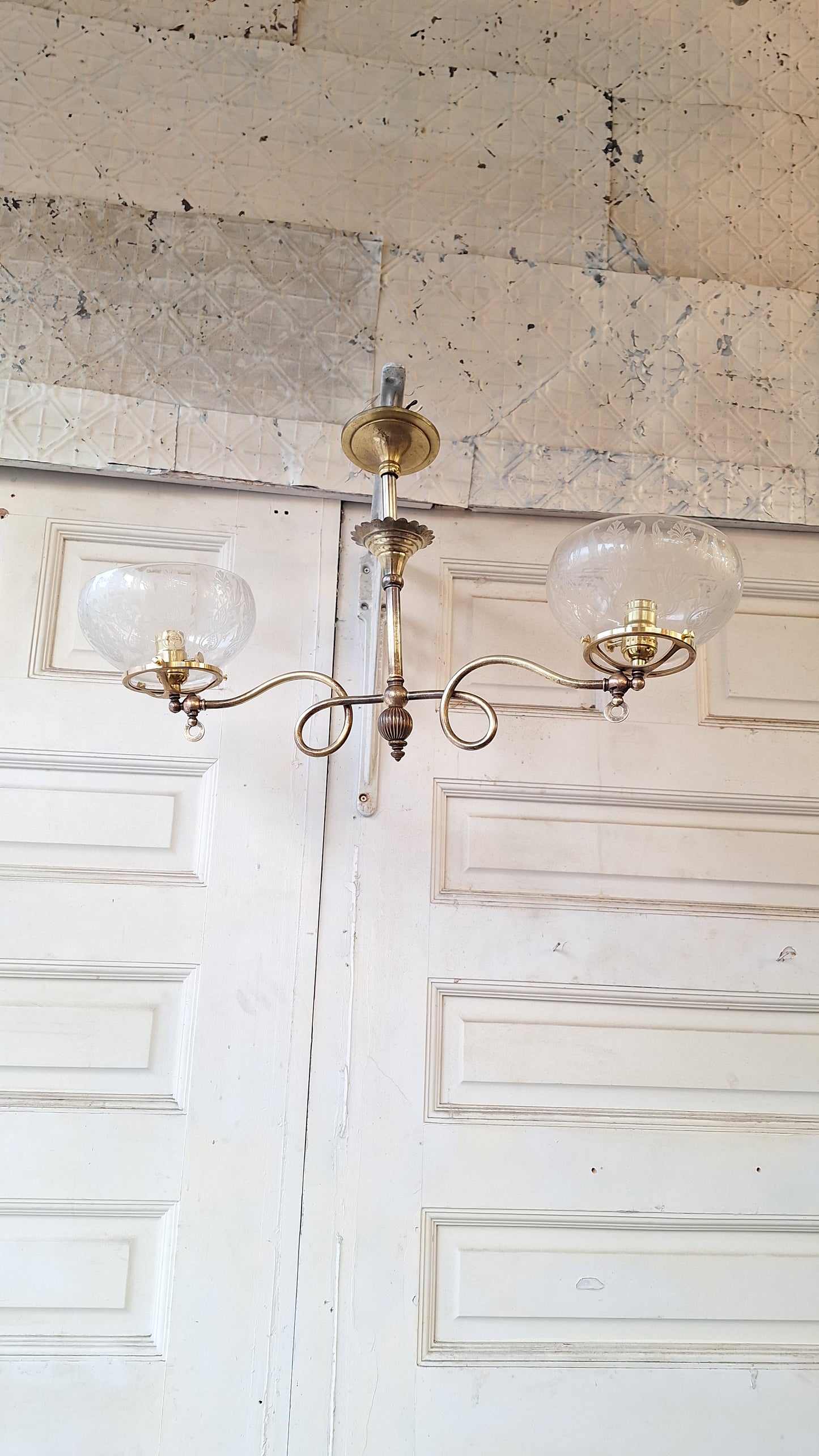 Victorian Brass Chandelier with Frosted Glass Shades, Antique Ceiling Light from Victorian Home, Converted Gas