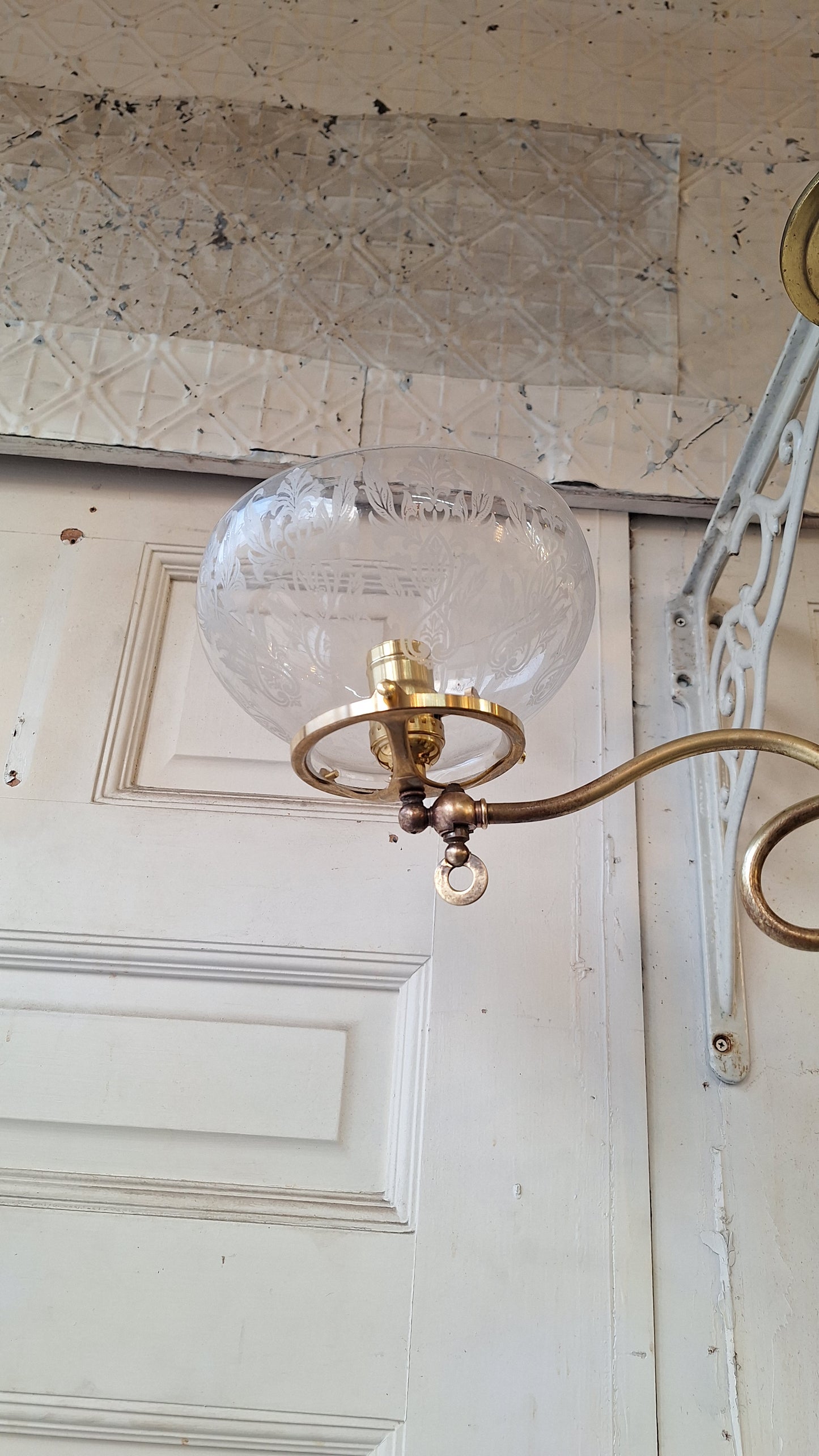 Victorian Brass Chandelier with Frosted Glass Shades, Antique Ceiling Light from Victorian Home, Converted Gas