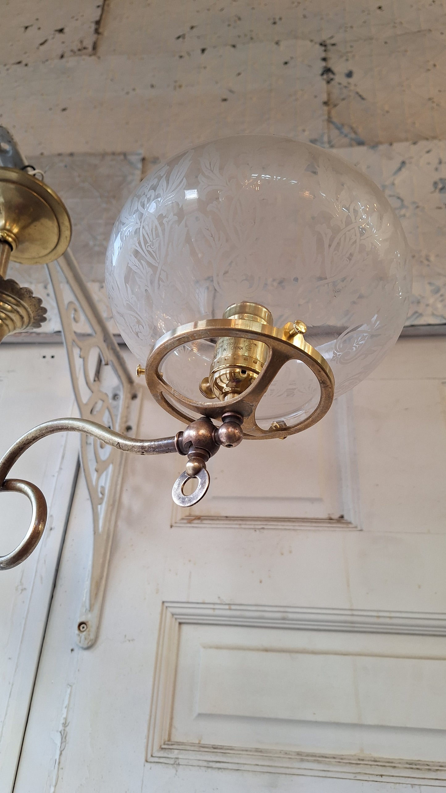 Victorian Brass Chandelier with Frosted Glass Shades, Antique Ceiling Light from Victorian Home, Converted Gas