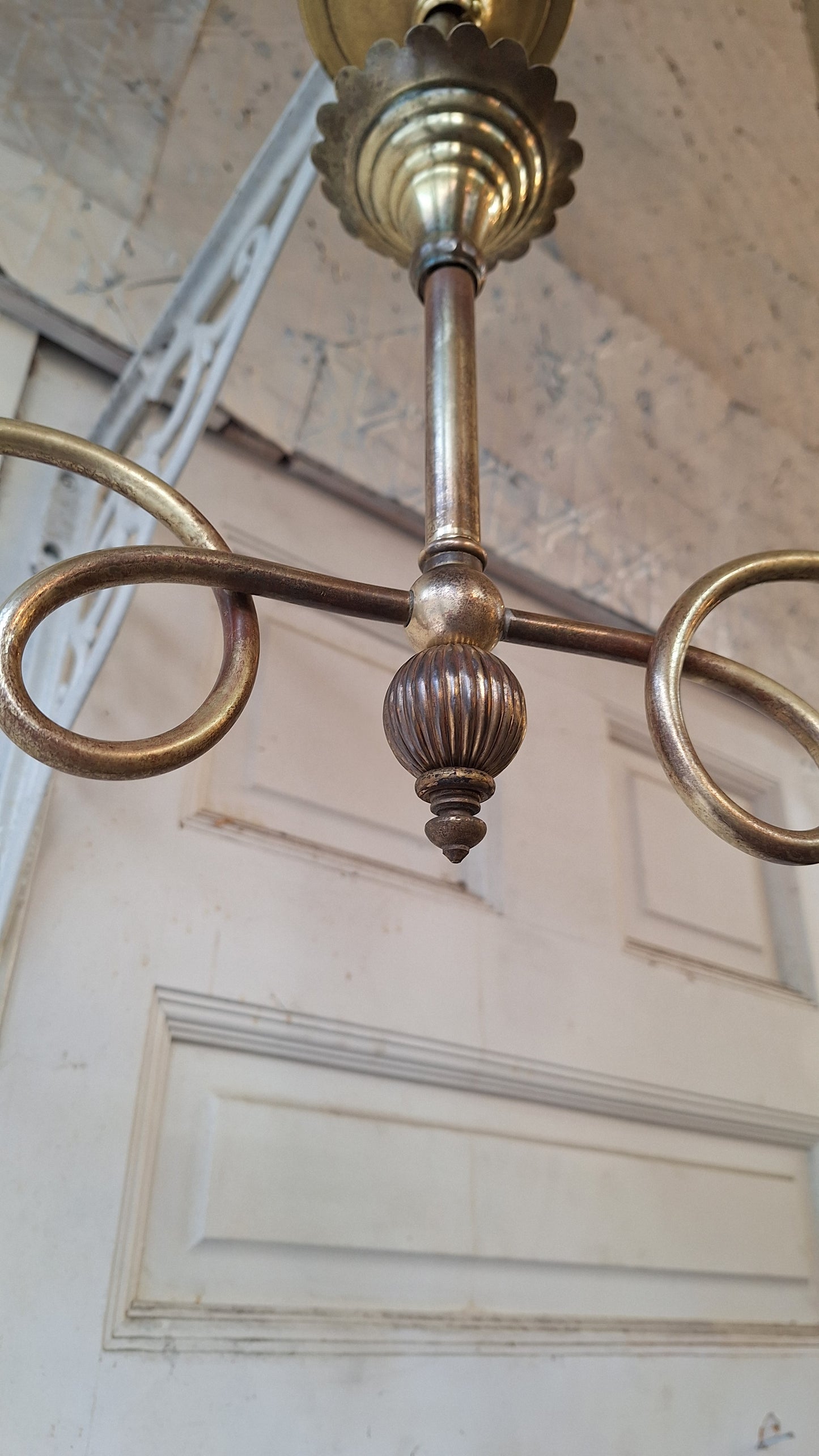 Victorian Brass Chandelier with Frosted Glass Shades, Antique Ceiling Light from Victorian Home, Converted Gas