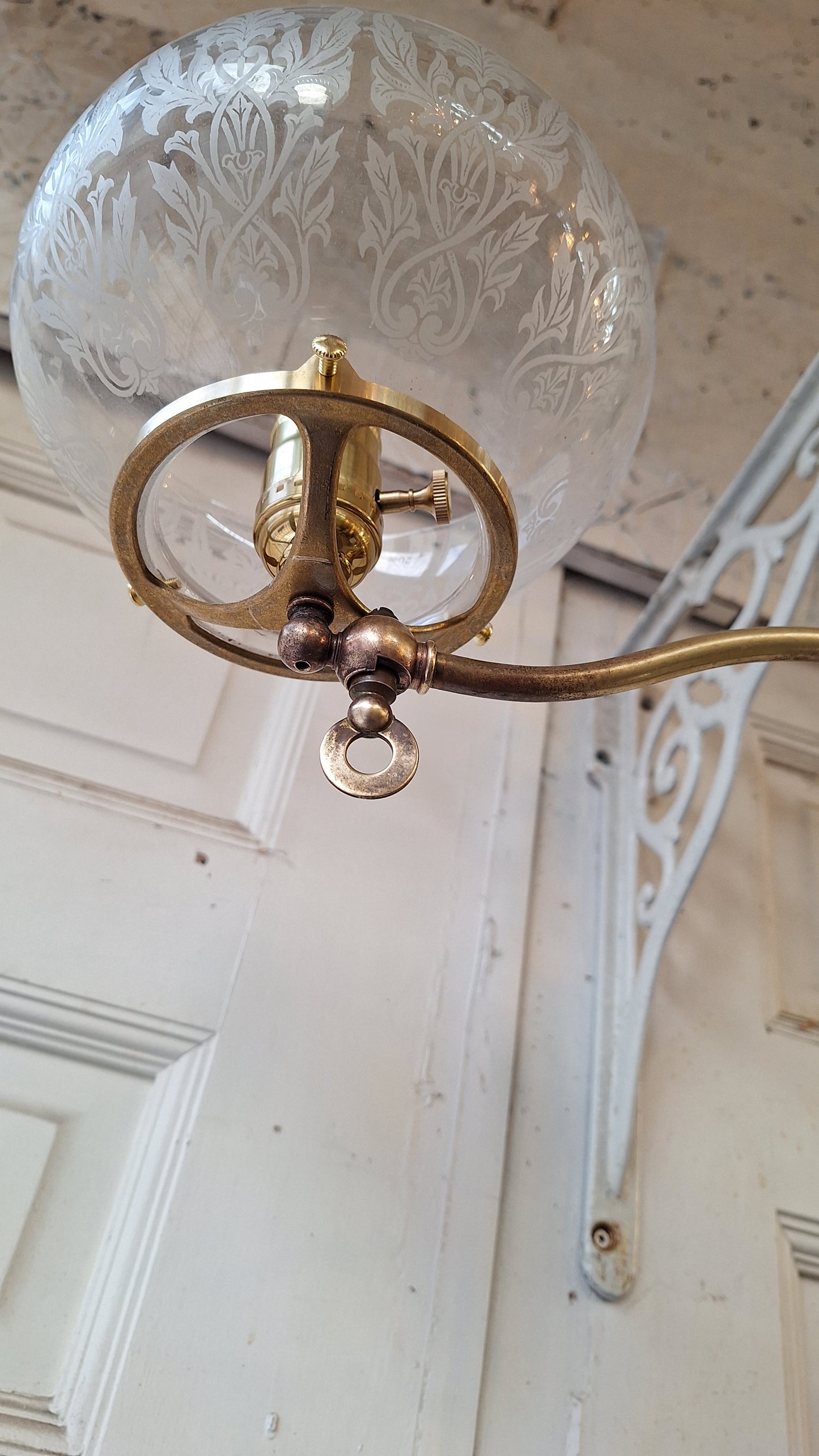 Victorian Brass Chandelier with Frosted Glass Shades, Antique Ceiling Light from Victorian Home, Converted Gas