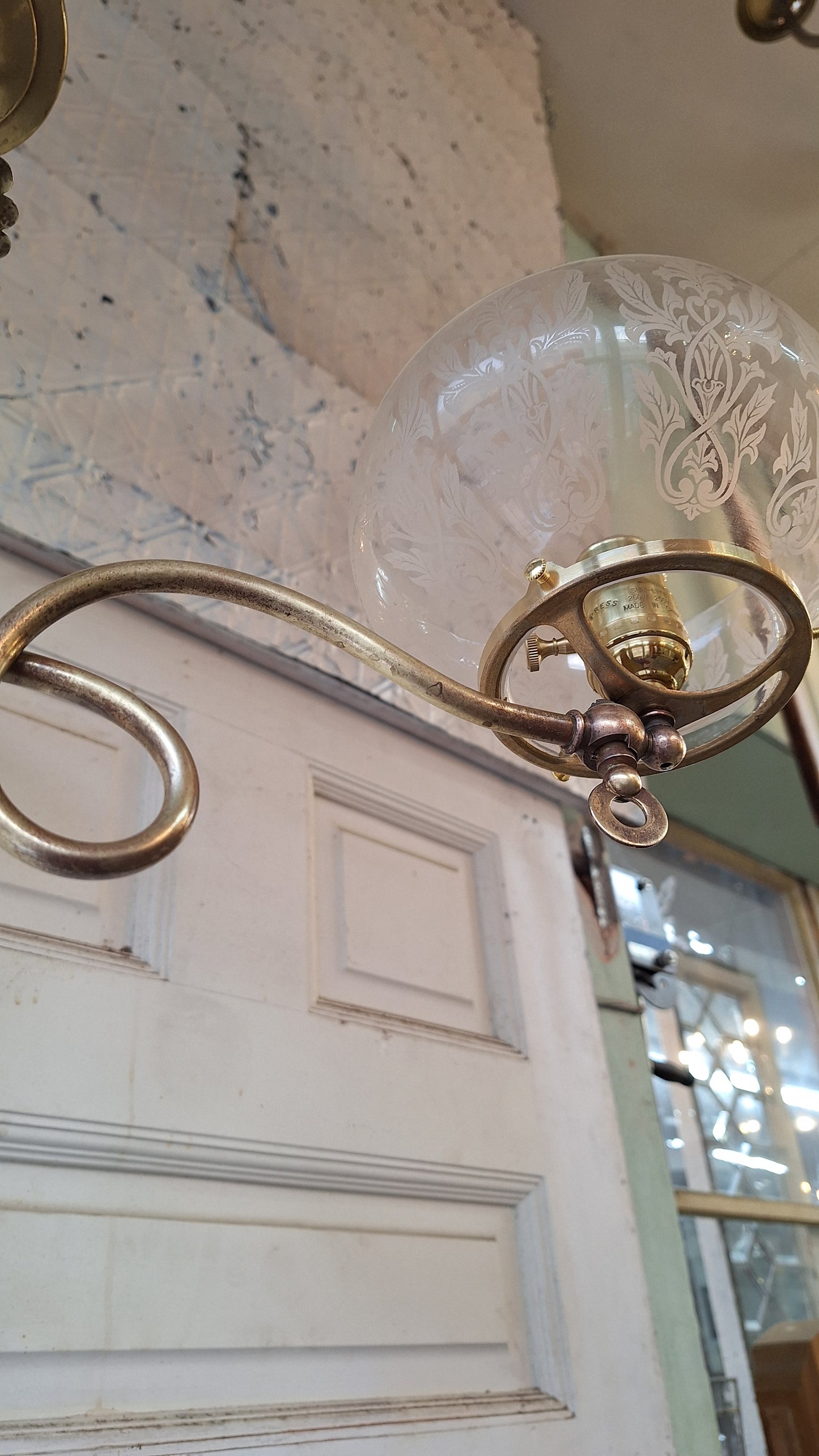 Victorian Brass Chandelier with Frosted Glass Shades, Antique Ceiling Light from Victorian Home, Converted Gas