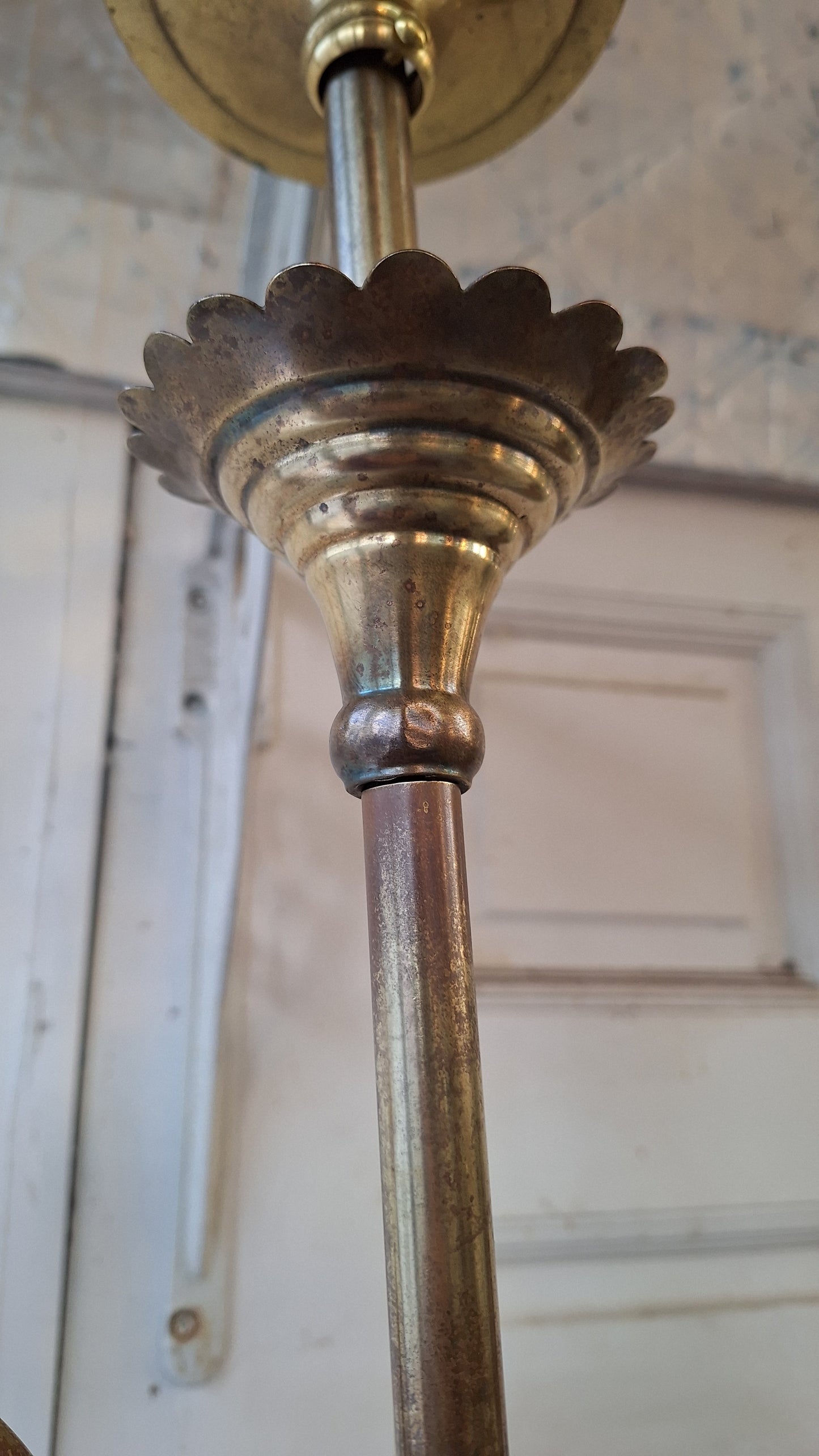 Victorian Brass Chandelier with Frosted Glass Shades, Antique Ceiling Light from Victorian Home, Converted Gas