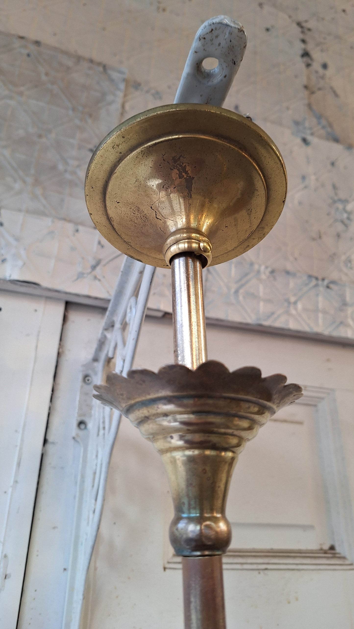 Victorian Brass Chandelier with Frosted Glass Shades, Antique Ceiling Light from Victorian Home, Converted Gas