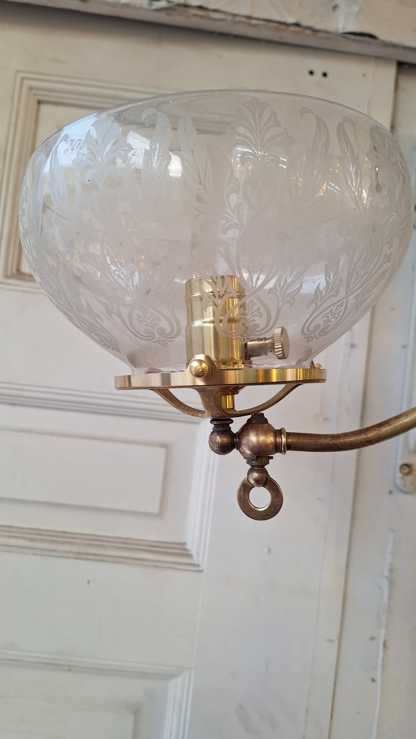 Victorian Brass Chandelier with Frosted Glass Shades, Antique Ceiling Light from Victorian Home, Converted Gas