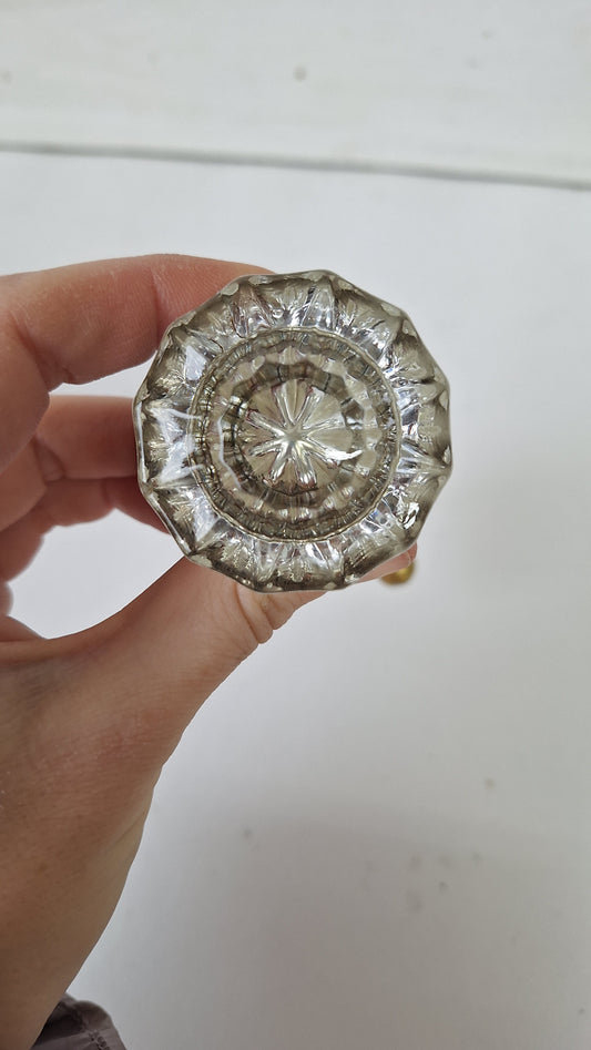 Antique Brass and Glass Closet Door Knob and Handle Set, Antique or Vintage Closet Door Glass Knob, Salvaged Door Hardware 051809