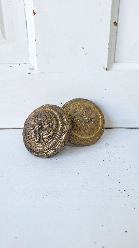Large Pair of Mid Century Era Bronze Doorknobs, Ornate MCM Bronze Door Knobs, Vintage Door Pulls 020407