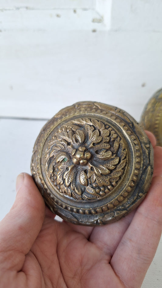 Large Pair of Mid Century Era Bronze Doorknobs, Ornate MCM Bronze Door Knobs, Vintage Door Pulls 020407