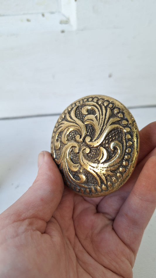 Large Pair of Mid Century Era Bronze Doorknobs, Ornate MCM Bronze Door Knobs, Vintage Door Pulls 020408