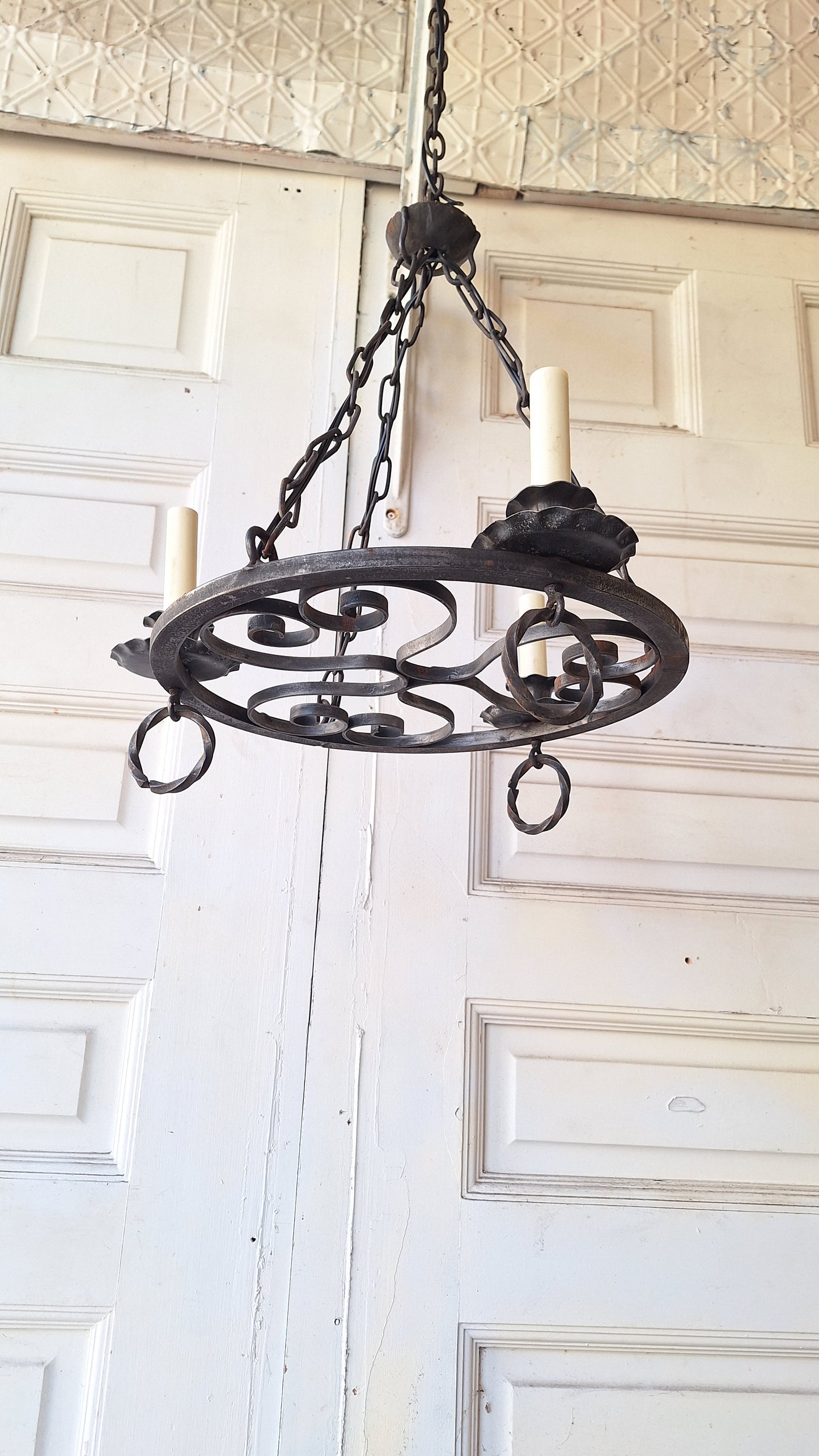 Iron Hoop Chandelier, Gothic Style or Tudor Style Hammer Iron Band Chandelier