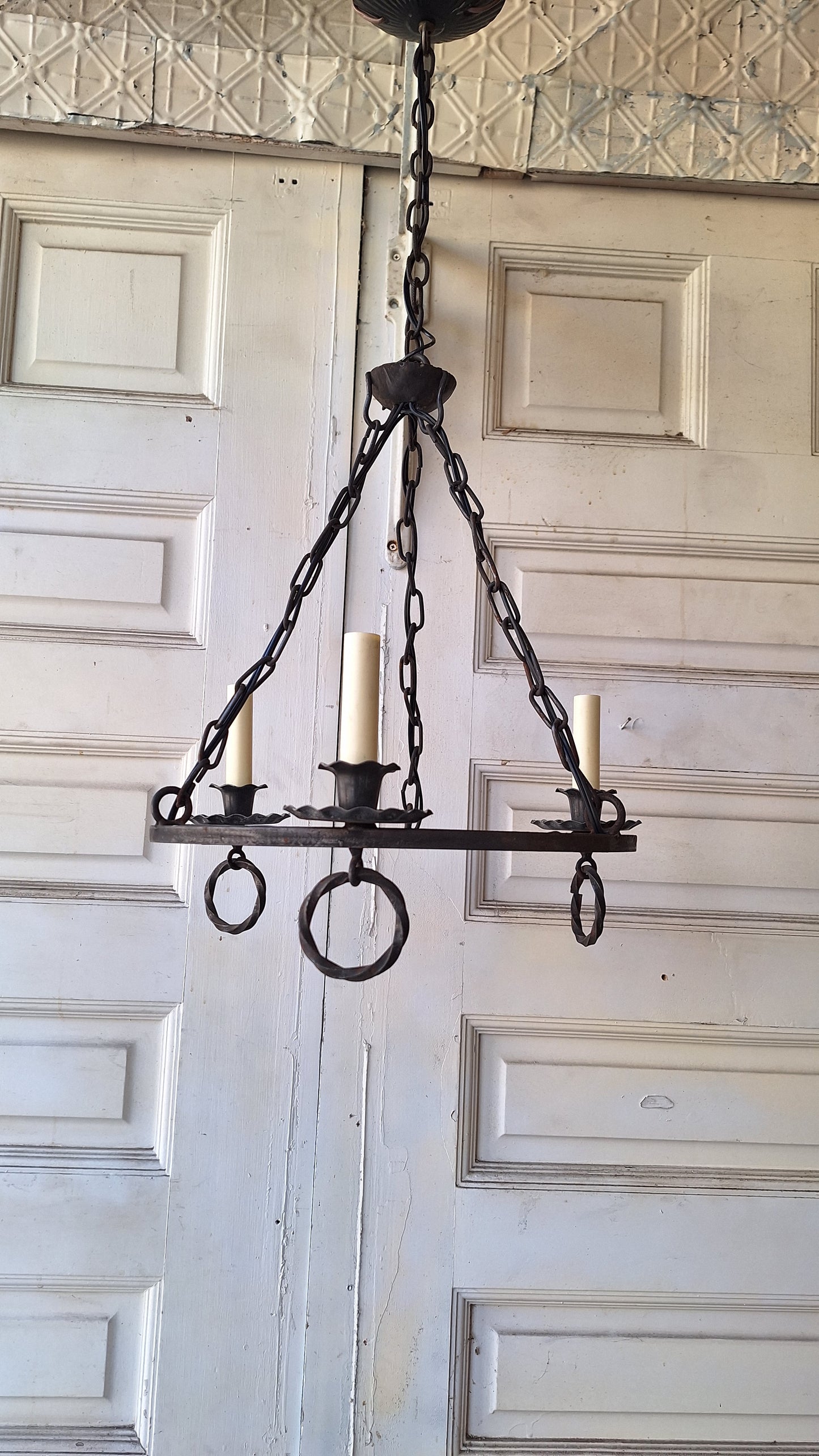 Iron Hoop Chandelier, Gothic Style or Tudor Style Hammer Iron Band Chandelier