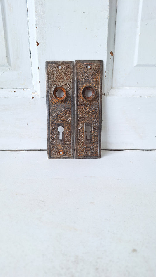 Two Eastlake Brass Backplates, Ceylon Pattern Back Plates, Antique Escutcheons 021502