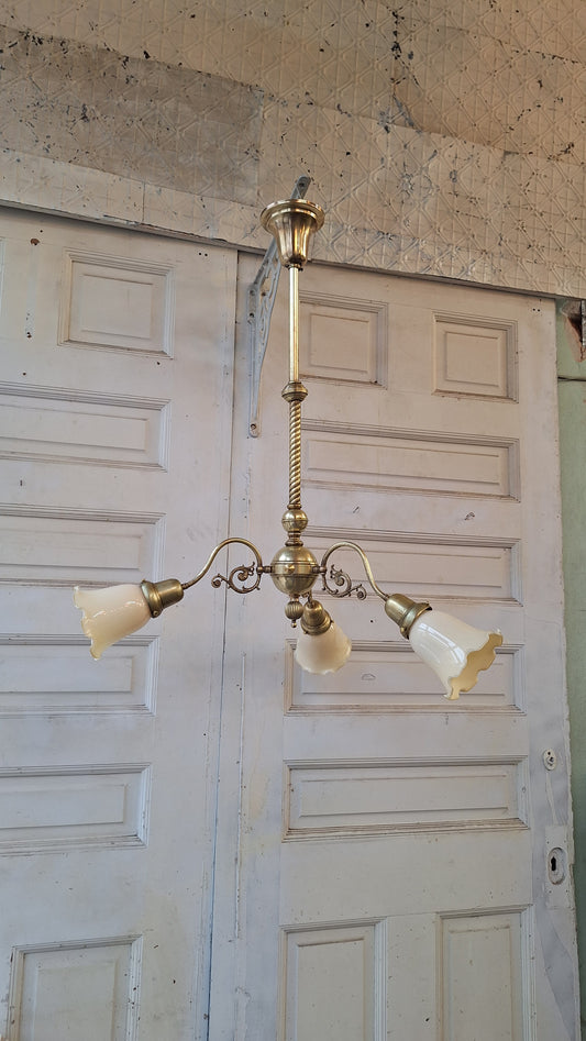 Early Electric Antique Chandelier, Victorian Era Brass Chandelier Light 021505