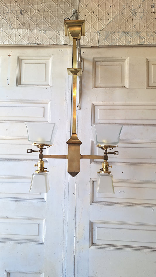 Mission Style Gas and Electric Chandelier with Square Shades, Antique Brass Arts and Crafts Light