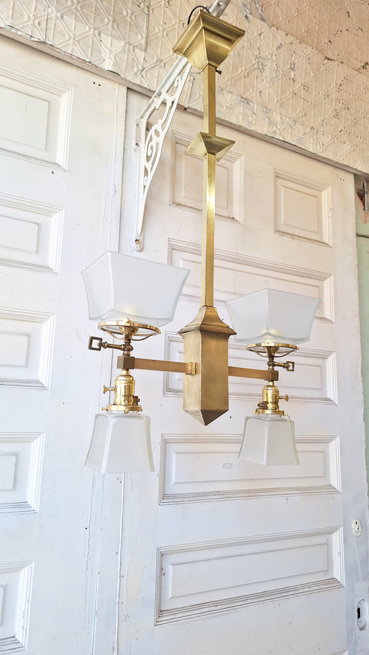 Mission Style Gas and Electric Chandelier with Square Shades, Antique Brass Arts and Crafts Light