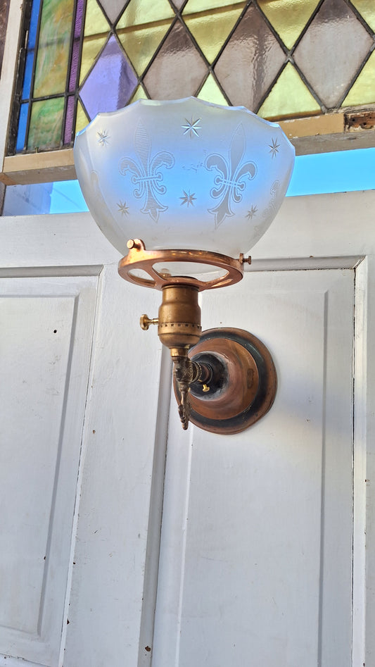 Fleur de Lis Antique Gas Sconce, Antique Converted Gas Wall Light, Copper Sconce with Frosted Shade