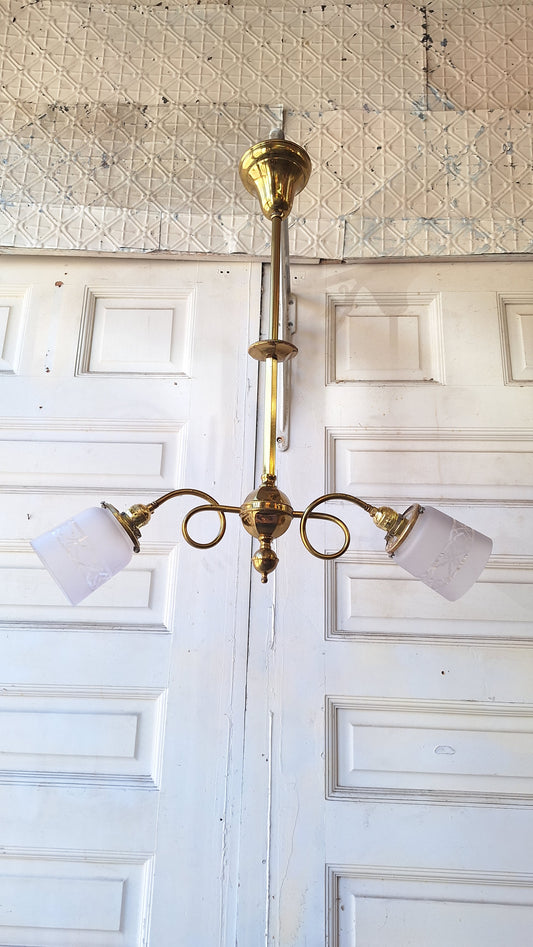 Early Brass and Frosted Glass Antique Chandelier, Victorian Era Brass Chandelier Light 022502
