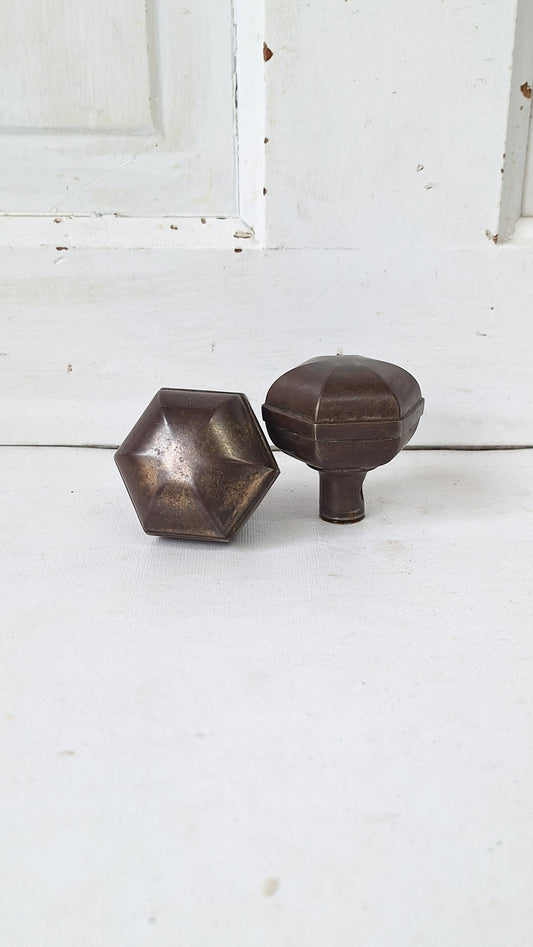 Pair of Hexagon Door Knobs, Stamped Steel Knobs, Antique Door Knobs, Art Deco Knobs, Art Deco Doorknobs 030404